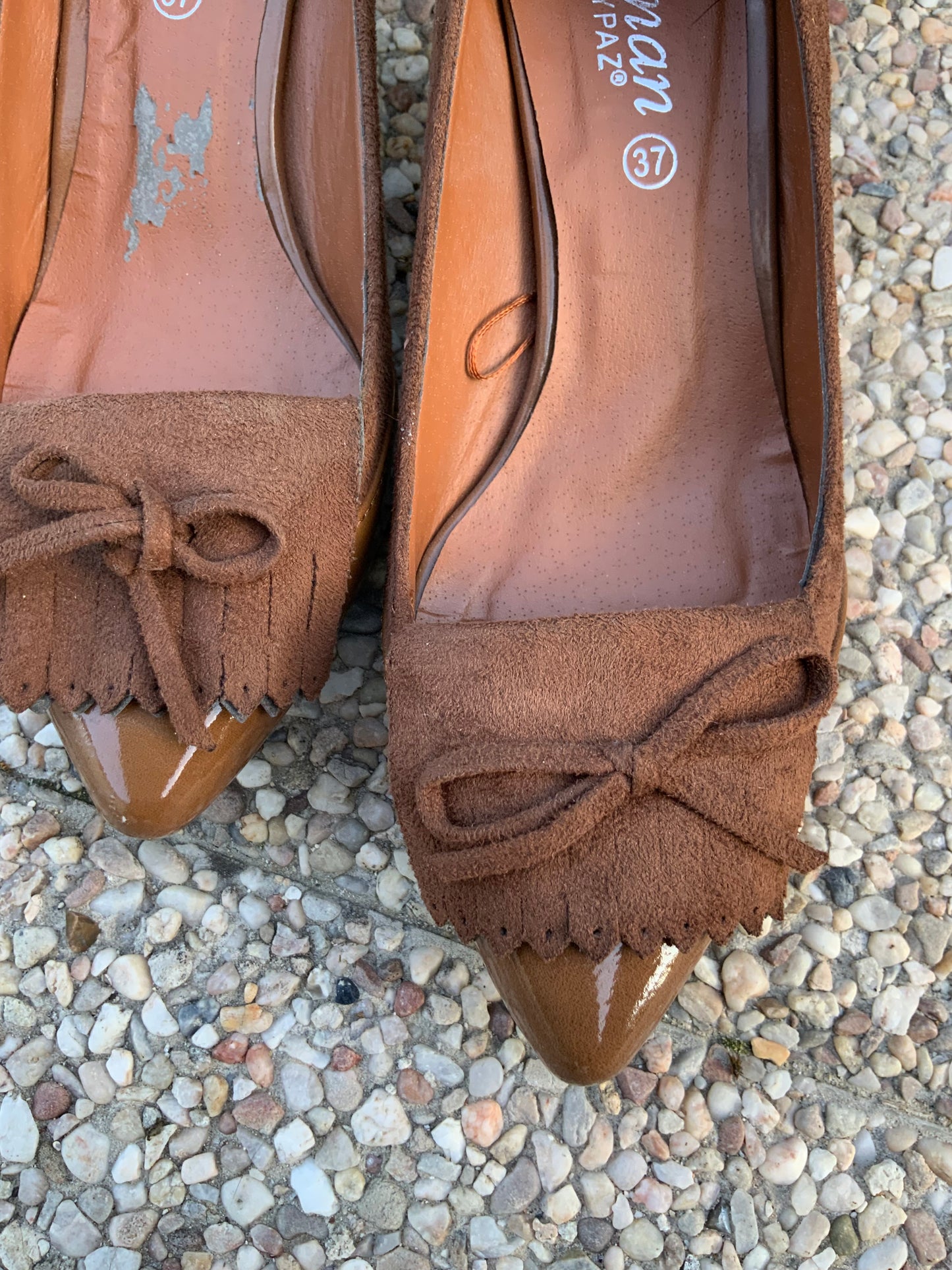 Chaussures à talons cuir vernis et franges daim Vintage 1990