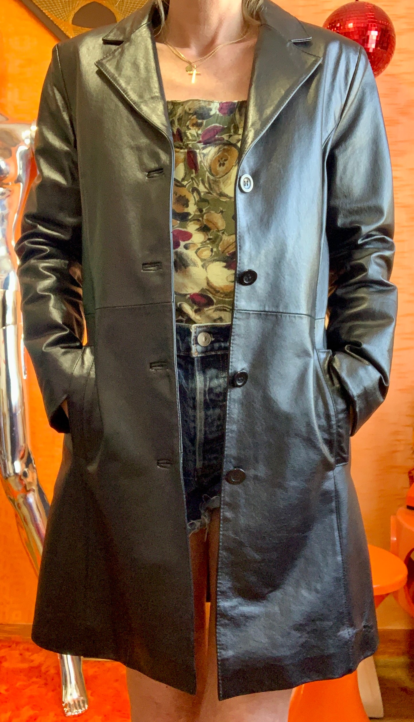 Veste 3/4 Cuir Noir Vintage Élégance