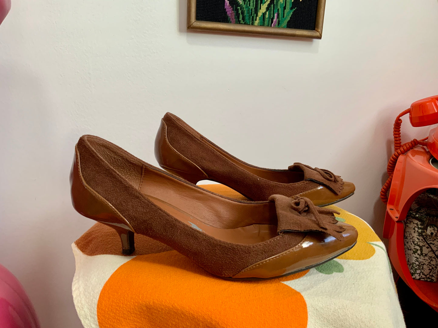 Chaussures à talons cuir vernis et franges daim Vintage 1990