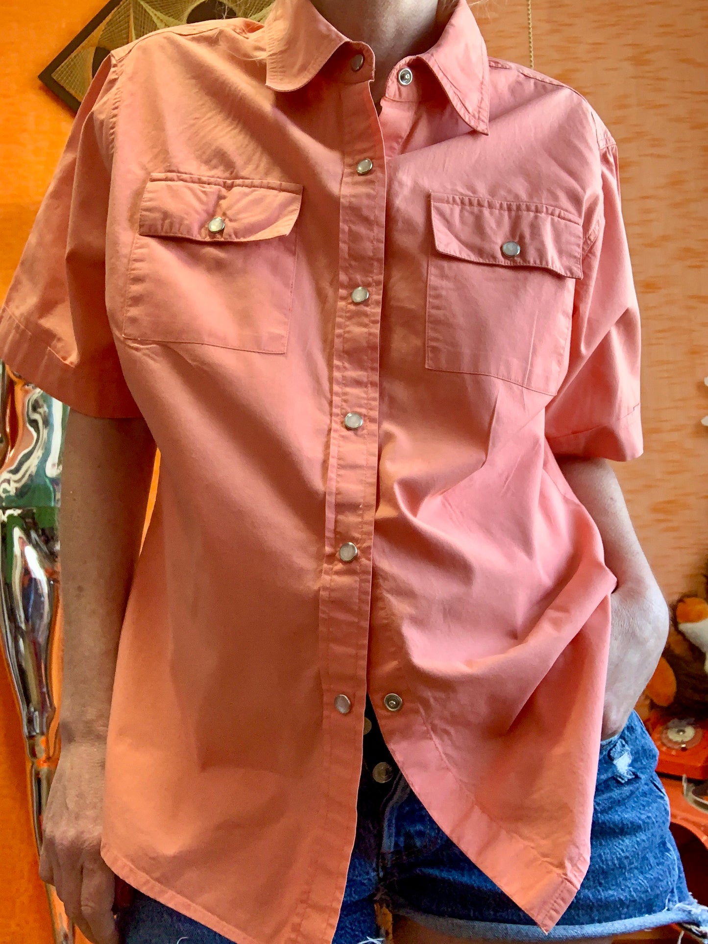 Chemise Vintage 1990 abricot 100% coton Pressions nacrées