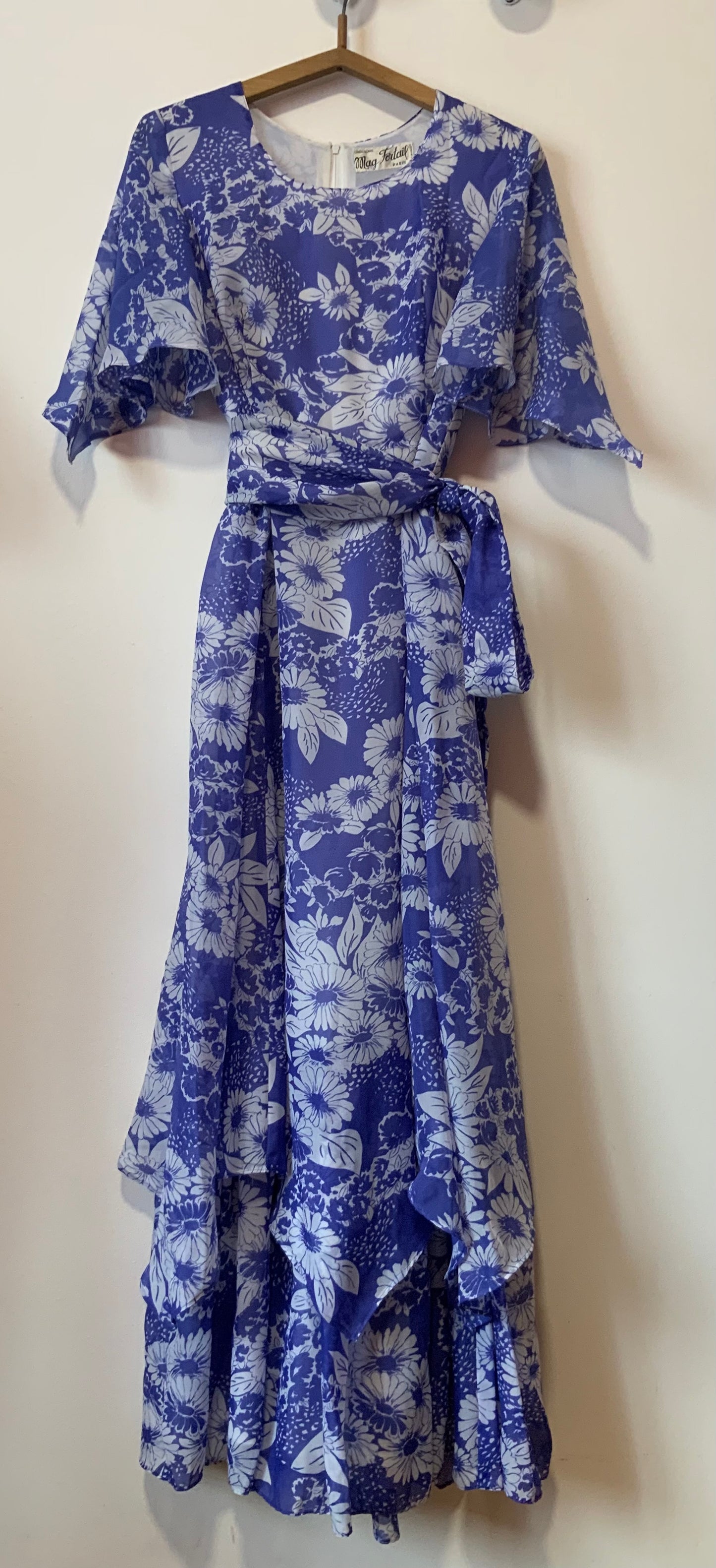 Robe Longue Mousseline Fleurs Création Paris France Vintage 1970