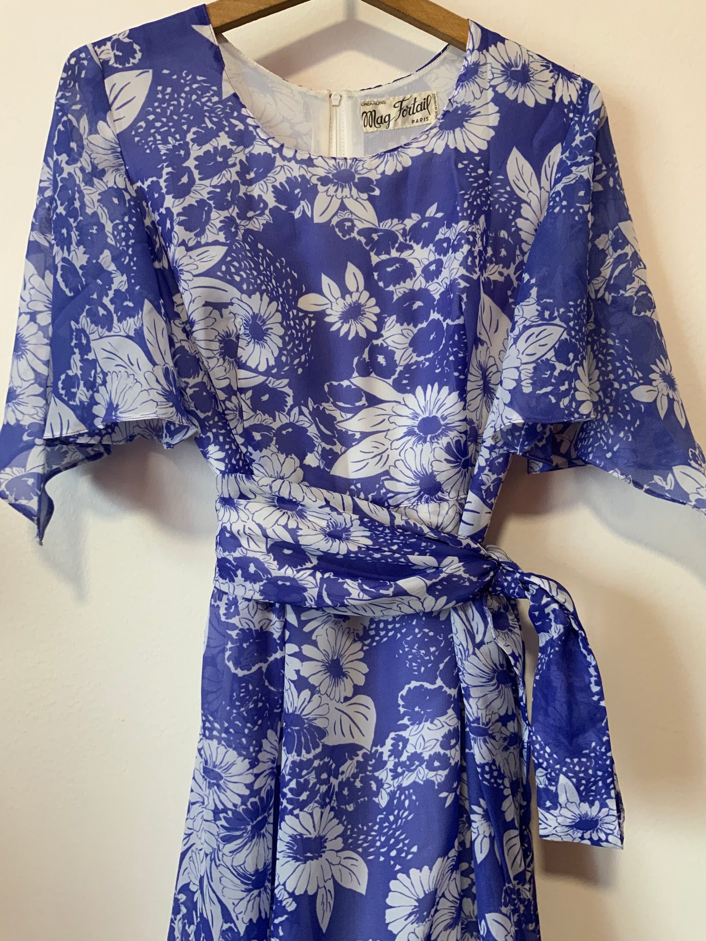 Robe Longue Mousseline Fleurs Création Paris France Vintage 1970