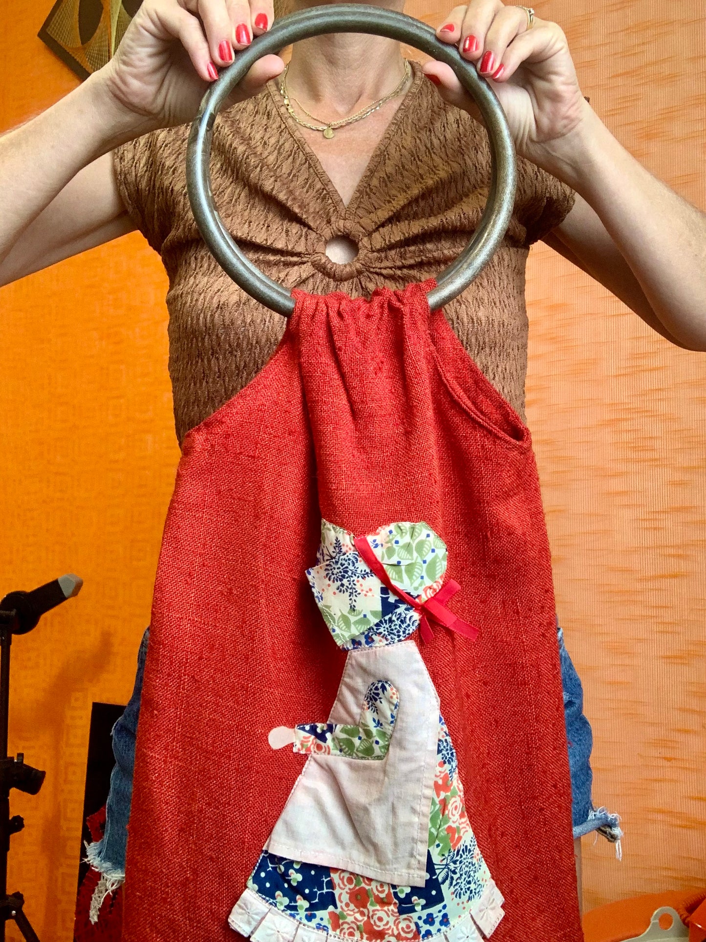 Sac tissu Sarah Kay avec poignées anneaux bois Vintage 1980