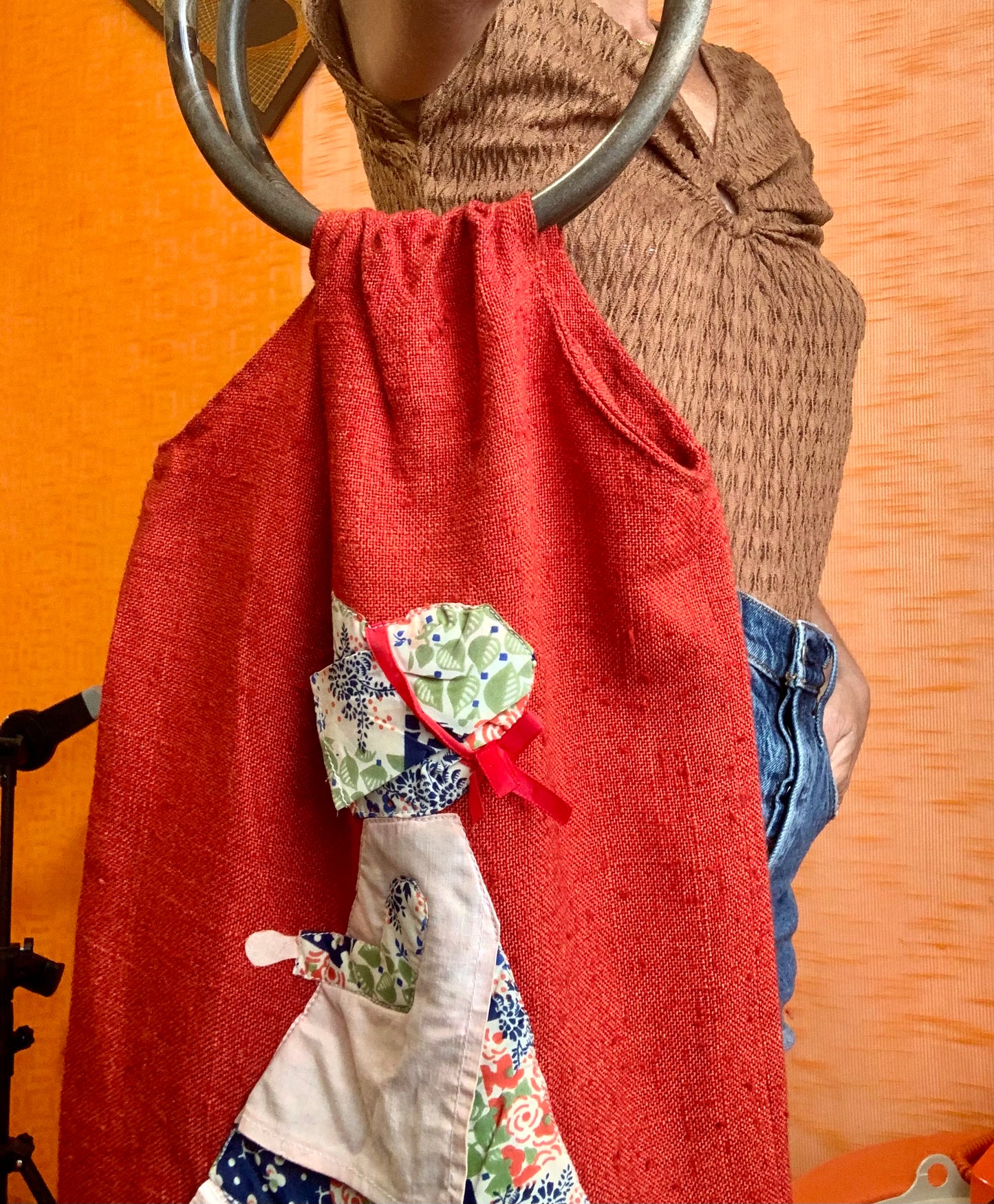 Sac tissu Sarah Kay avec poignées anneaux bois Vintage 1980