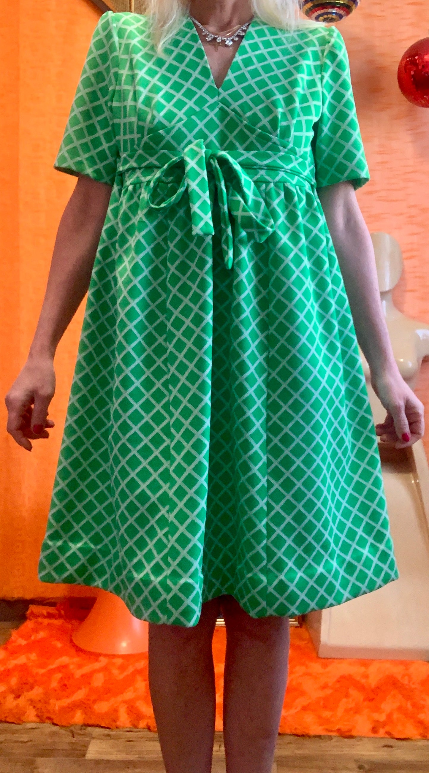 Superbe robe en jersey vert Vintage 1960 carreaux Burlington