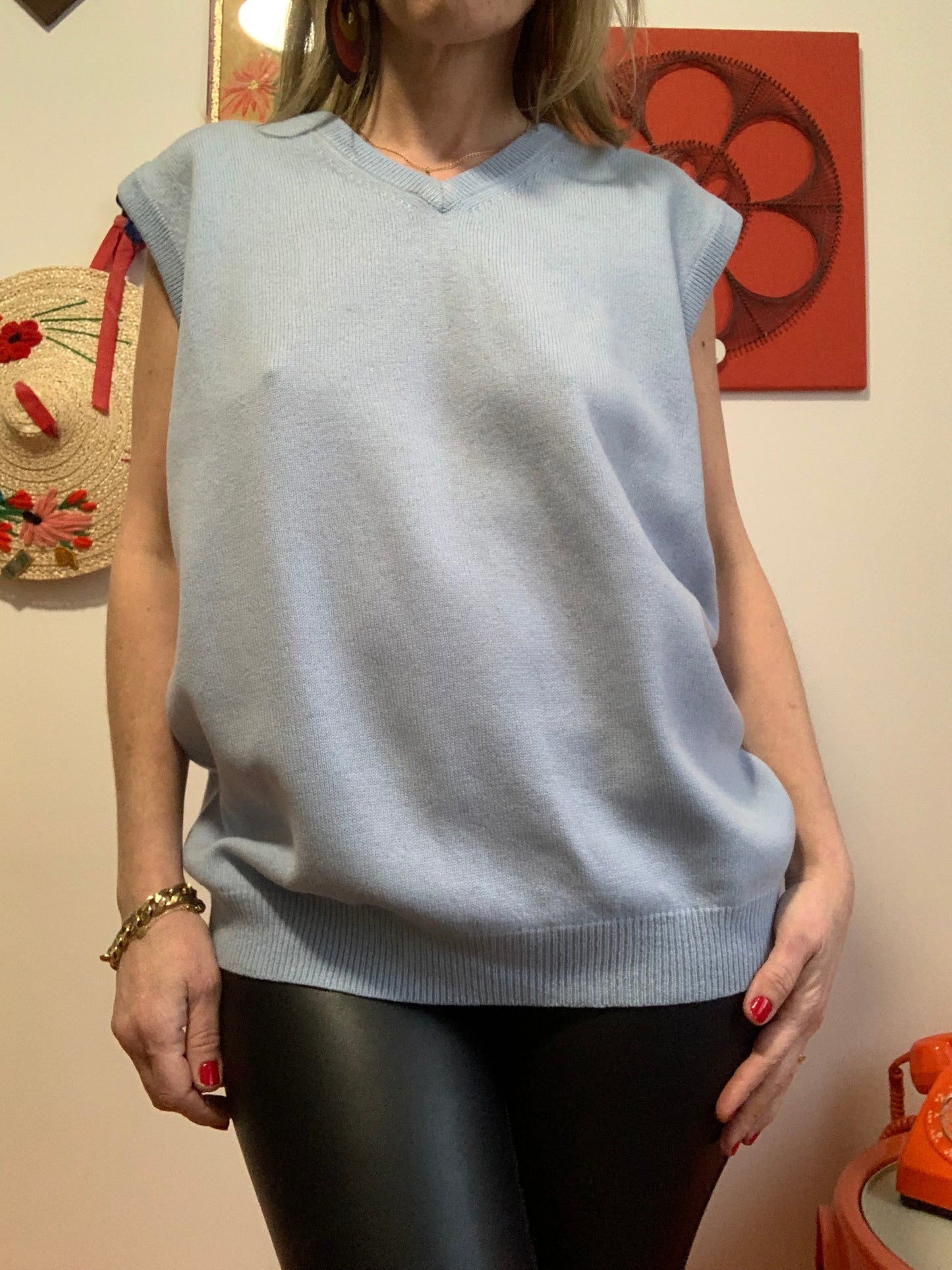 Pull sans manche 100% Laine Vierge bleu ciel Vintage Mixte