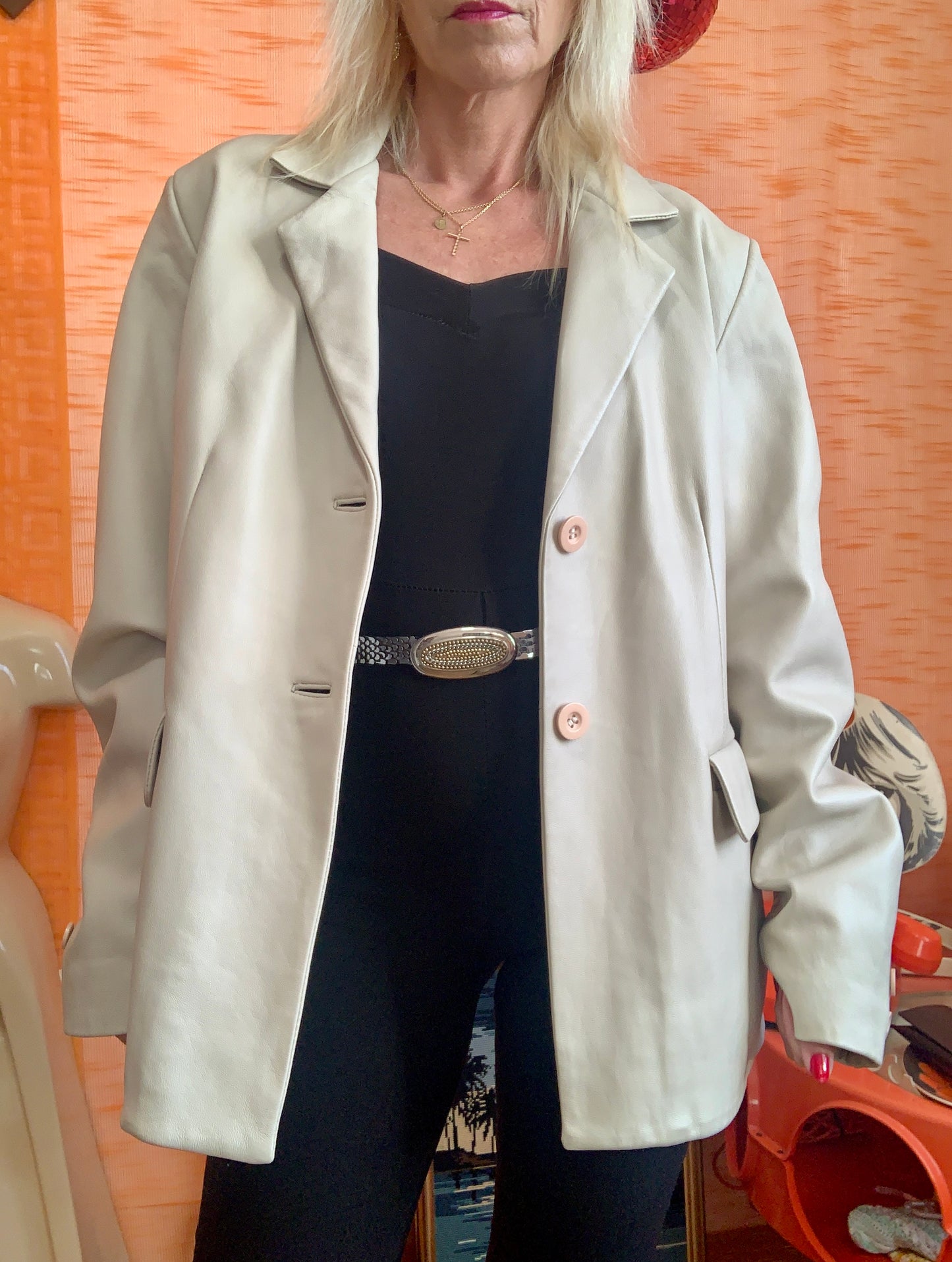 Veste crème Cuir haute qualité pleine fleurs pigmentées Vintage France 1990