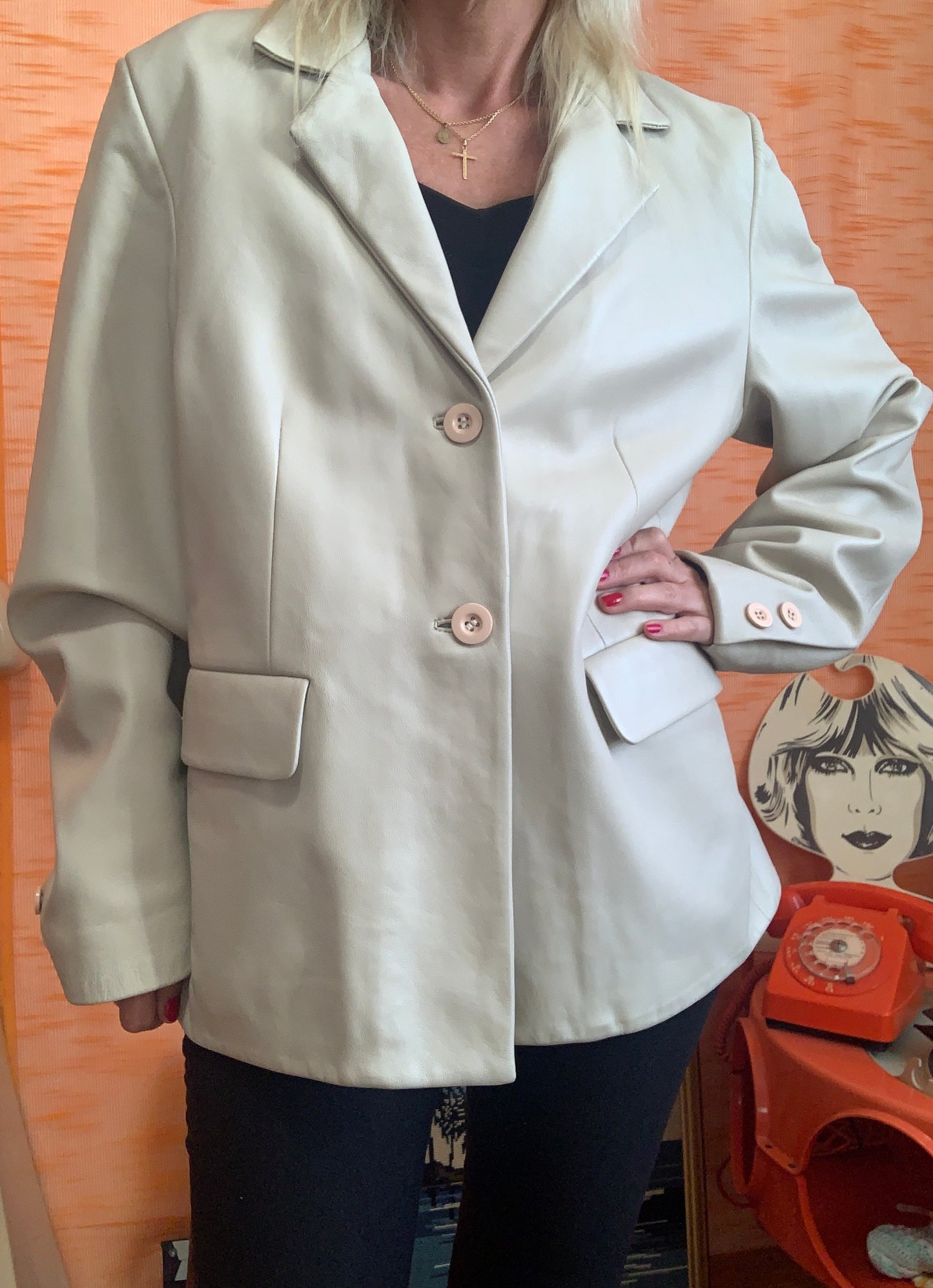 Veste crème Cuir haute qualité pleine fleurs pigmentées Vintage France 1990