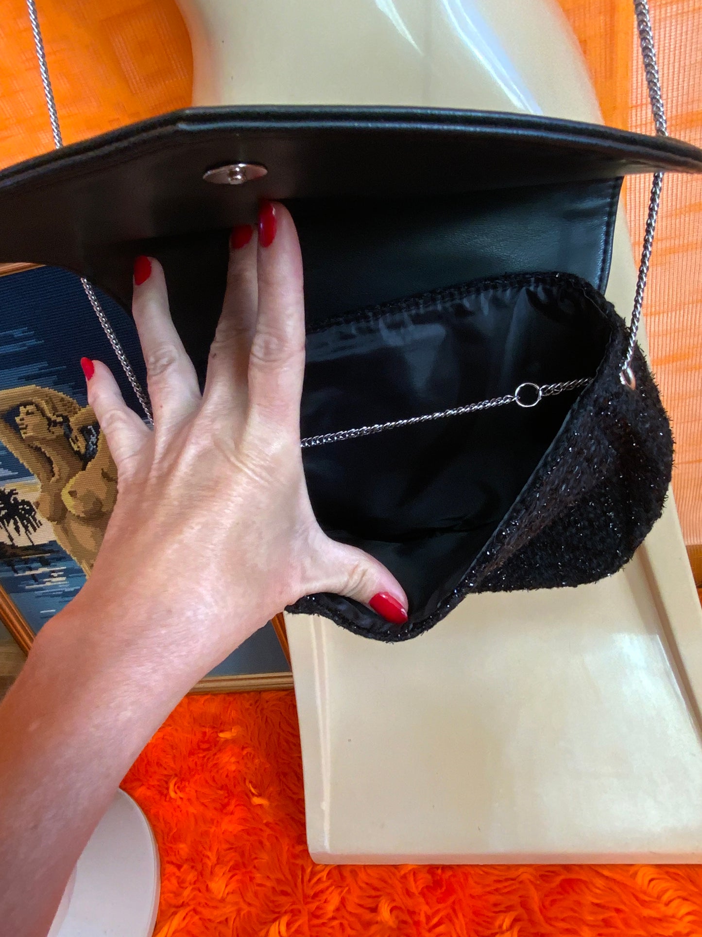 Sac à main Maison Rochas laniere chaîne et paillettes noires Vintage 2000’