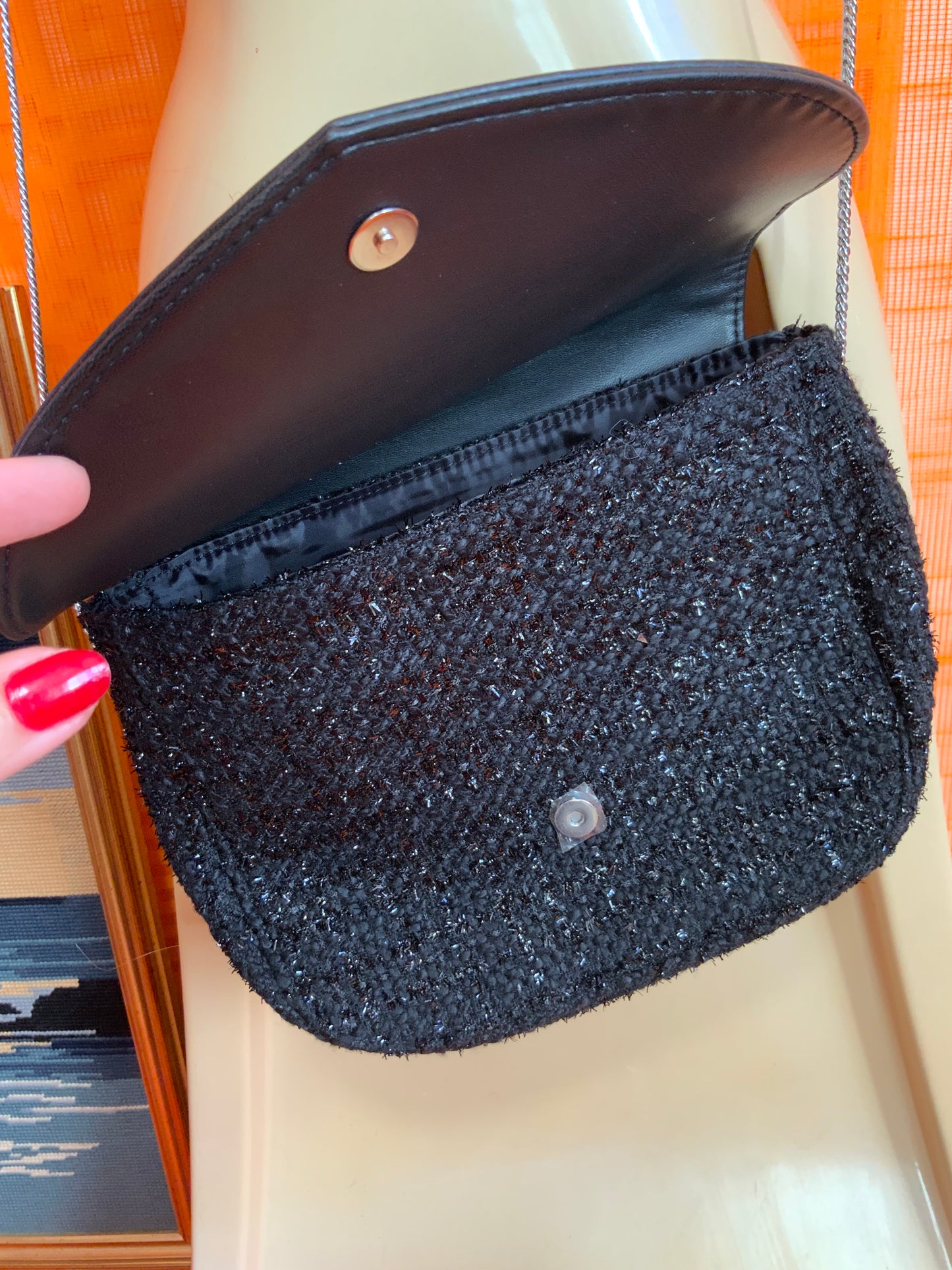 Sac à main Maison Rochas laniere chaîne et paillettes noires Vintage 2000’
