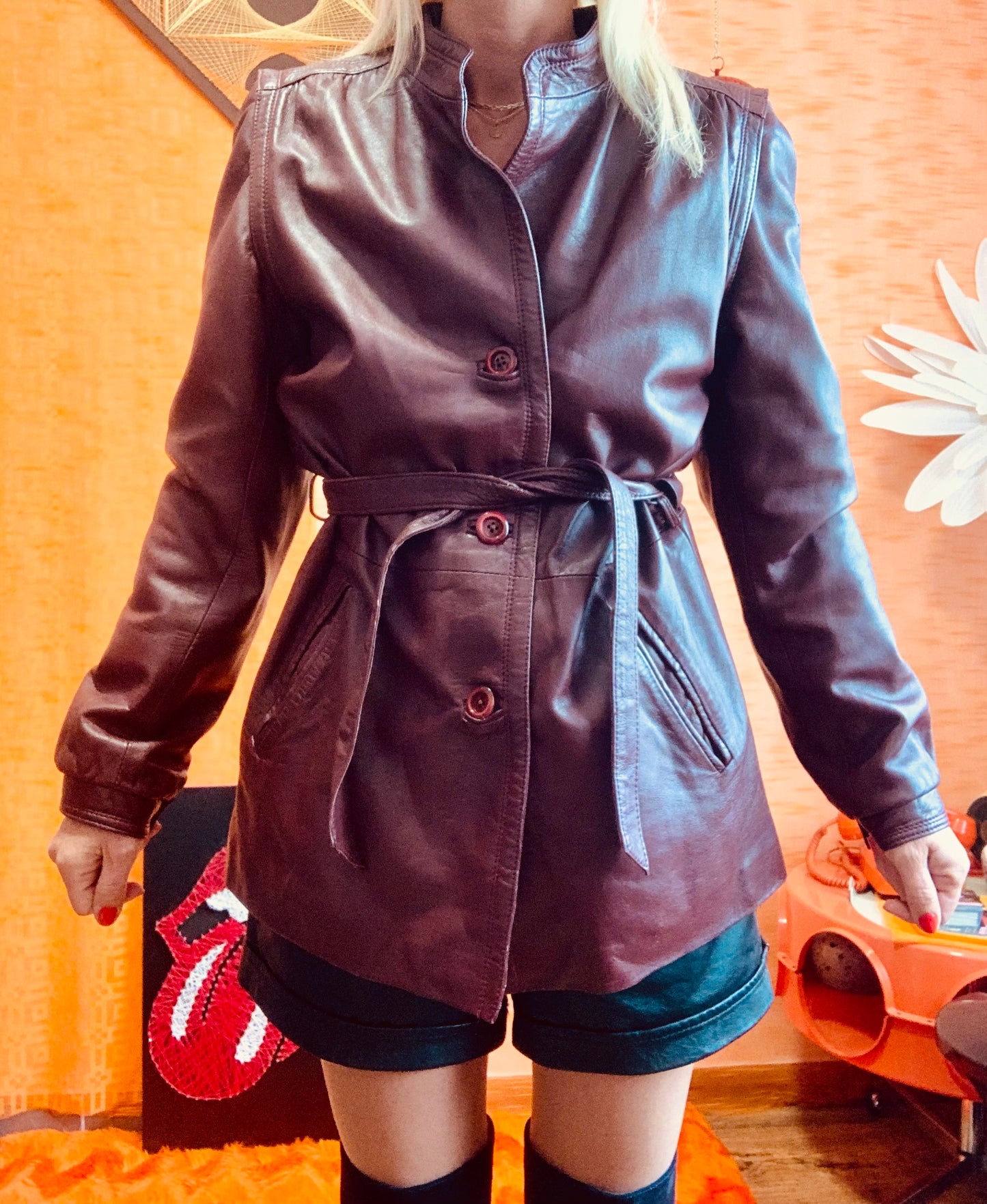 Magnifique Trench Cuir Rouge Bordeaux Vintage Creation 1970