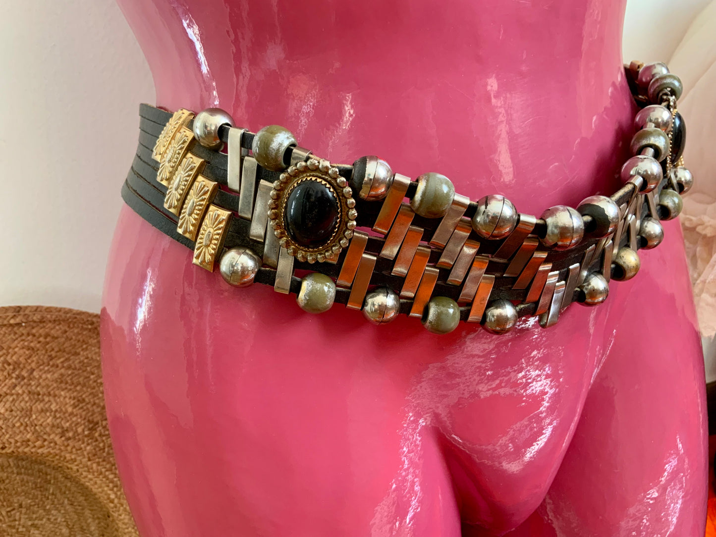 Belle Ceinture Cuir Métal Pierres Vintage 1980 Originale Chic