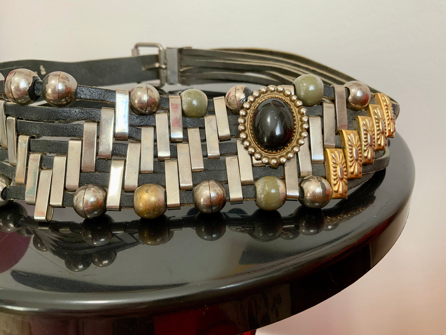 Belle Ceinture Cuir Métal Pierres Vintage 1980 Originale Chic
