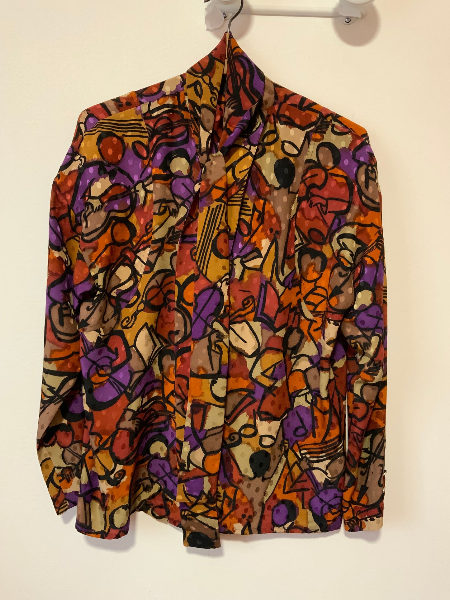 Blouse Col Lavallière Pure Soie A Motifs Vintage 1970 France