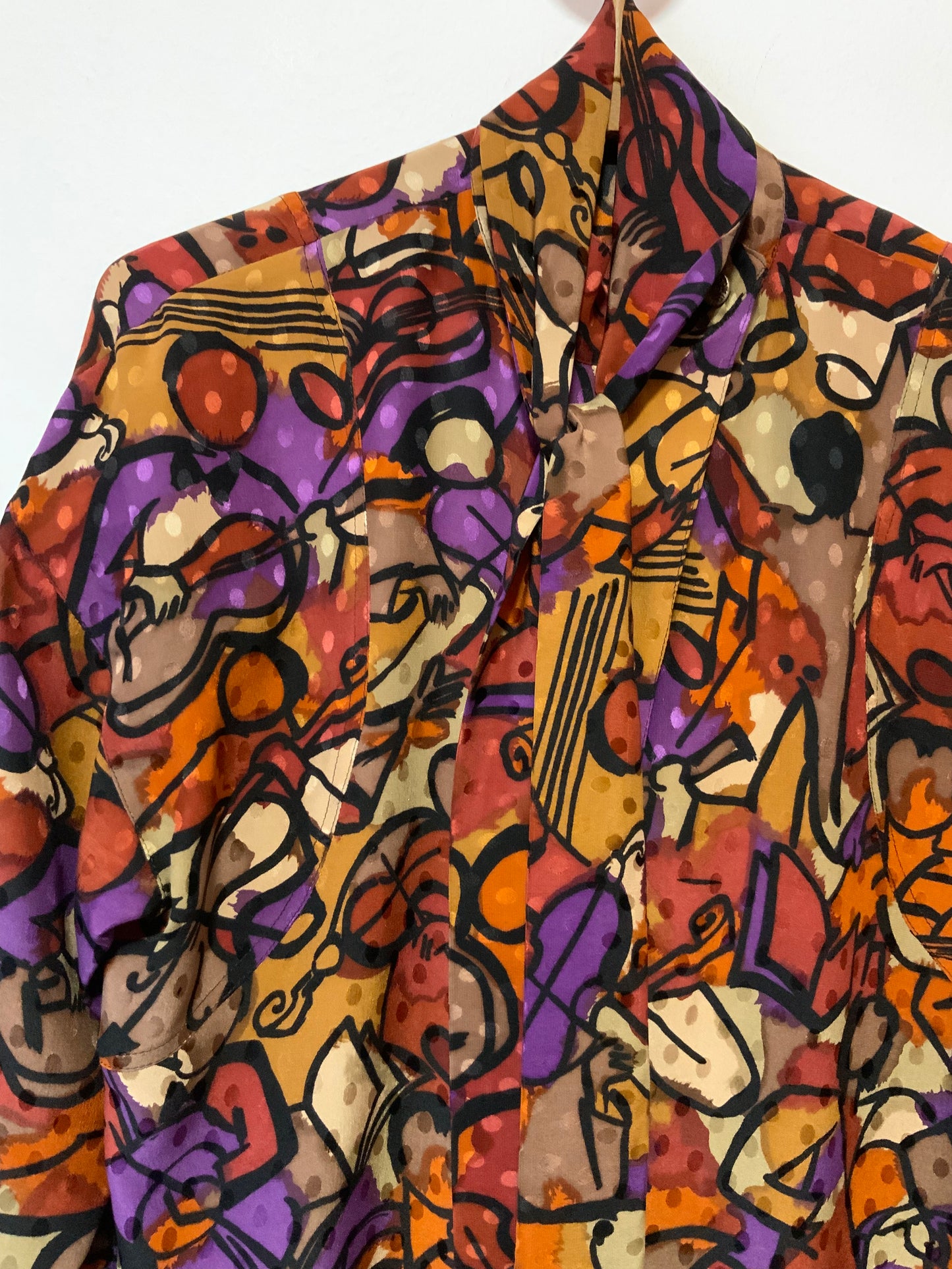 Blouse Col Lavallière Pure Soie A Motifs Vintage 1970 France