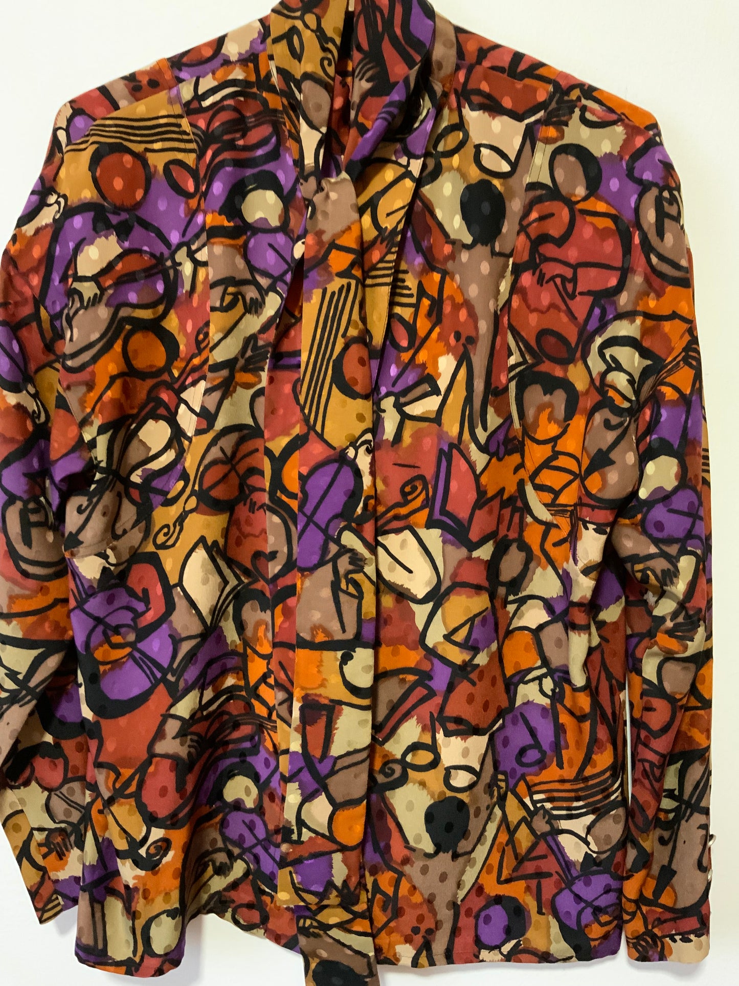 Blouse Col Lavallière Pure Soie A Motifs Vintage 1970 France