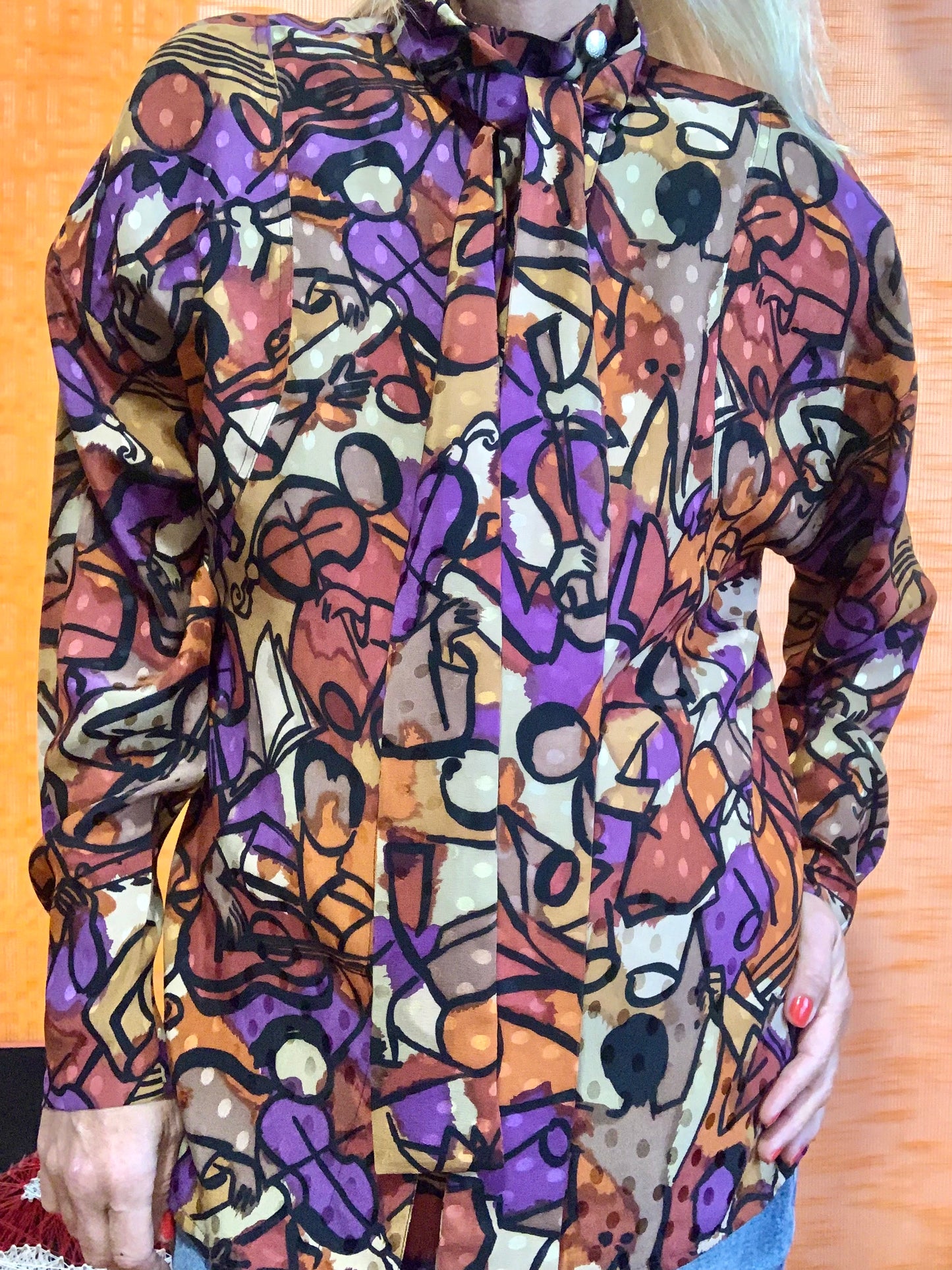 Blouse Col Lavallière Pure Soie A Motifs Vintage 1970 France