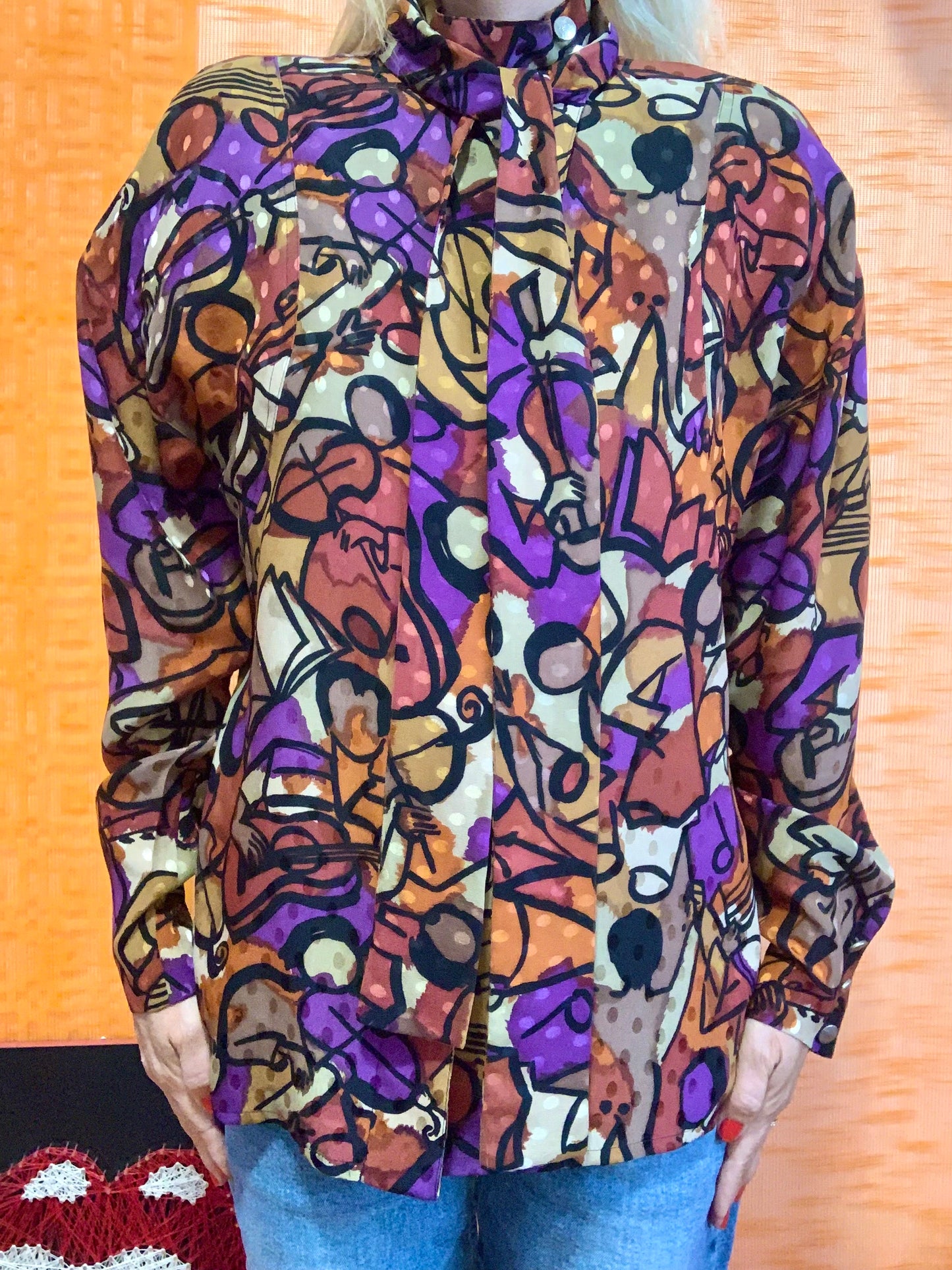 Blouse Col Lavallière Pure Soie A Motifs Vintage 1970 France