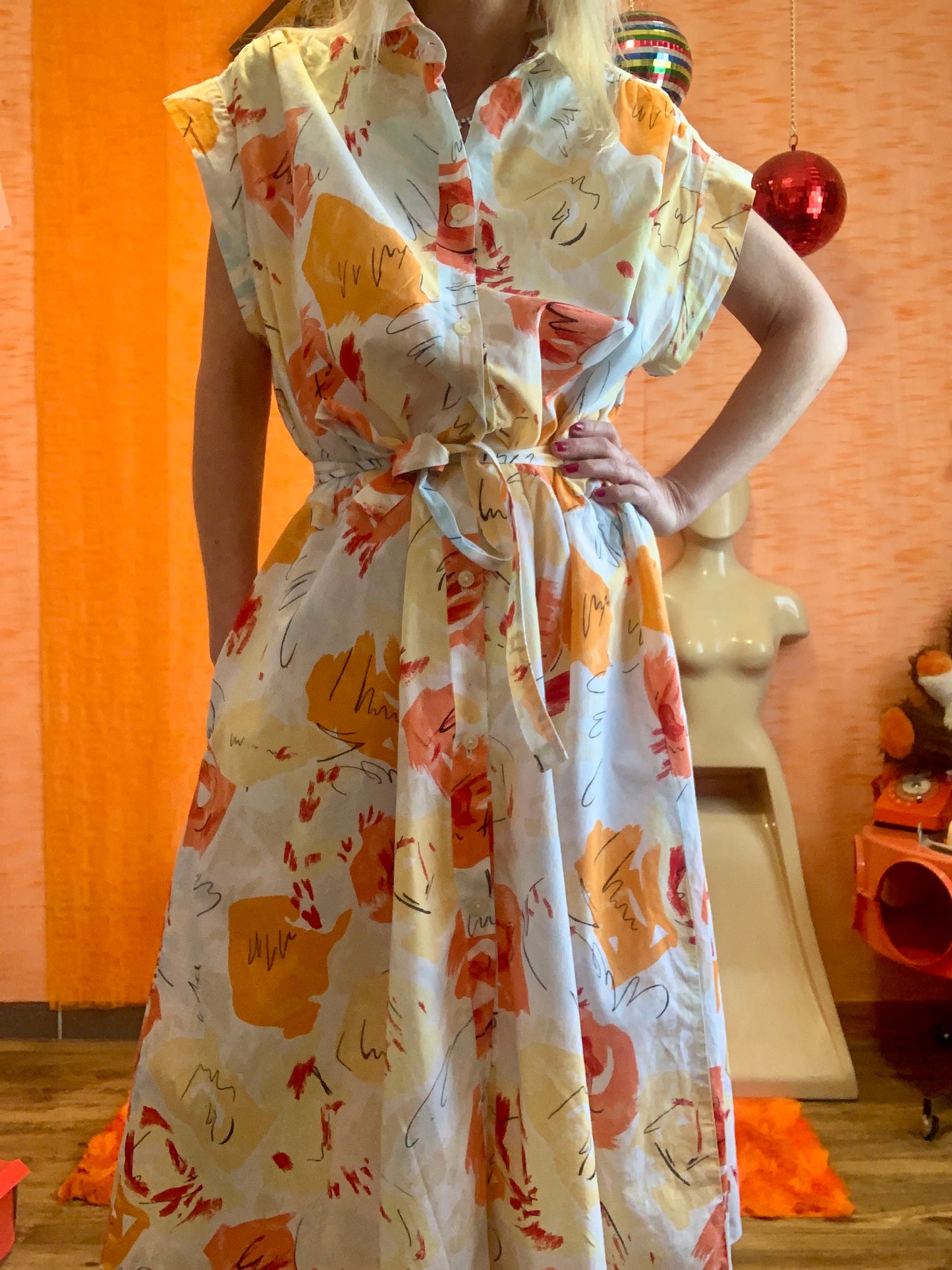 Robe Superbe patineuse à motifs oranges ronds Vintage 1980 Col Claudine