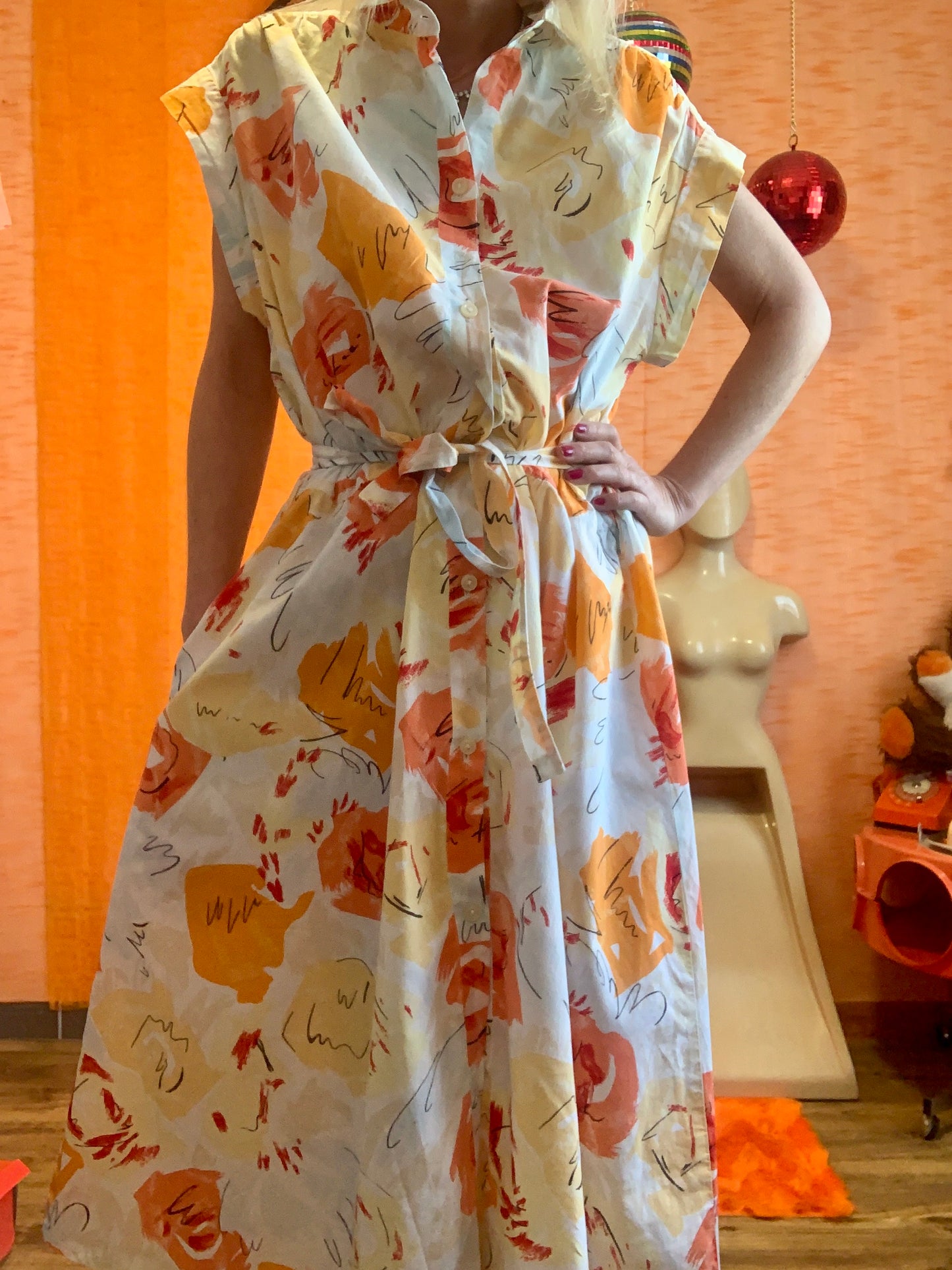 Robe Superbe patineuse à motifs oranges ronds Vintage 1980 Col Claudine