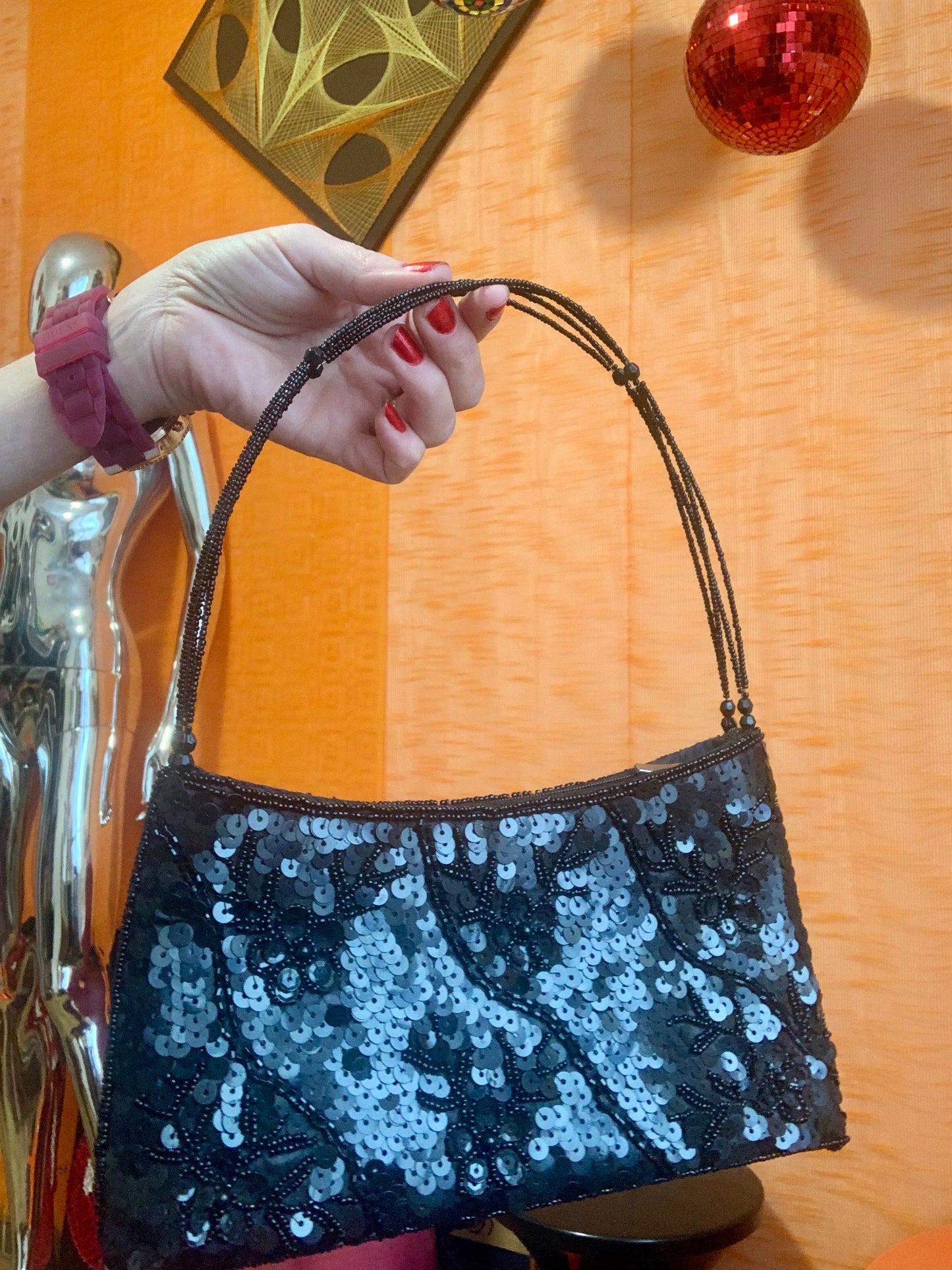 Sac à main Satin Paillettes Noir Vintage 2000’