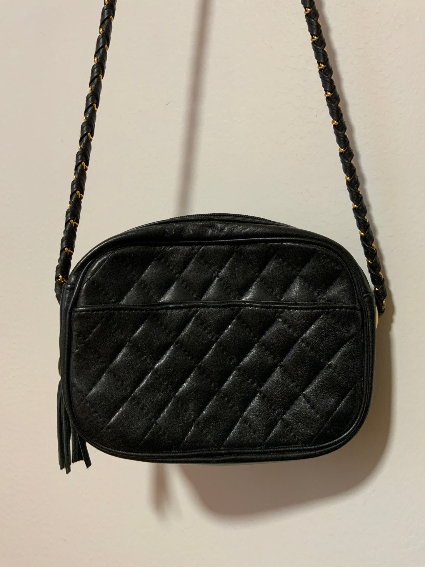 Sac à main cuir Noir matelassé Stylé Chic Vintage 1990 Chaîne dorée