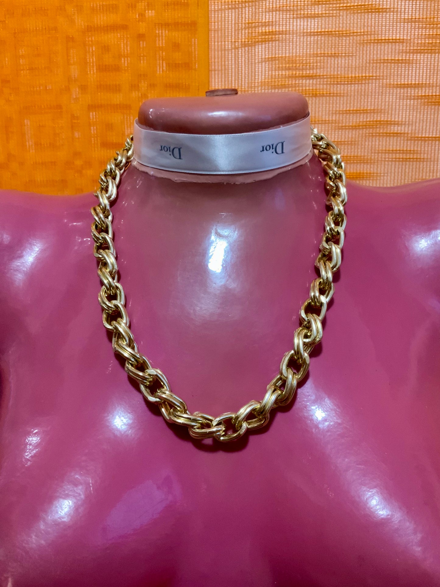 Collier Double Maillon chaîne métal doré Vintage 1990