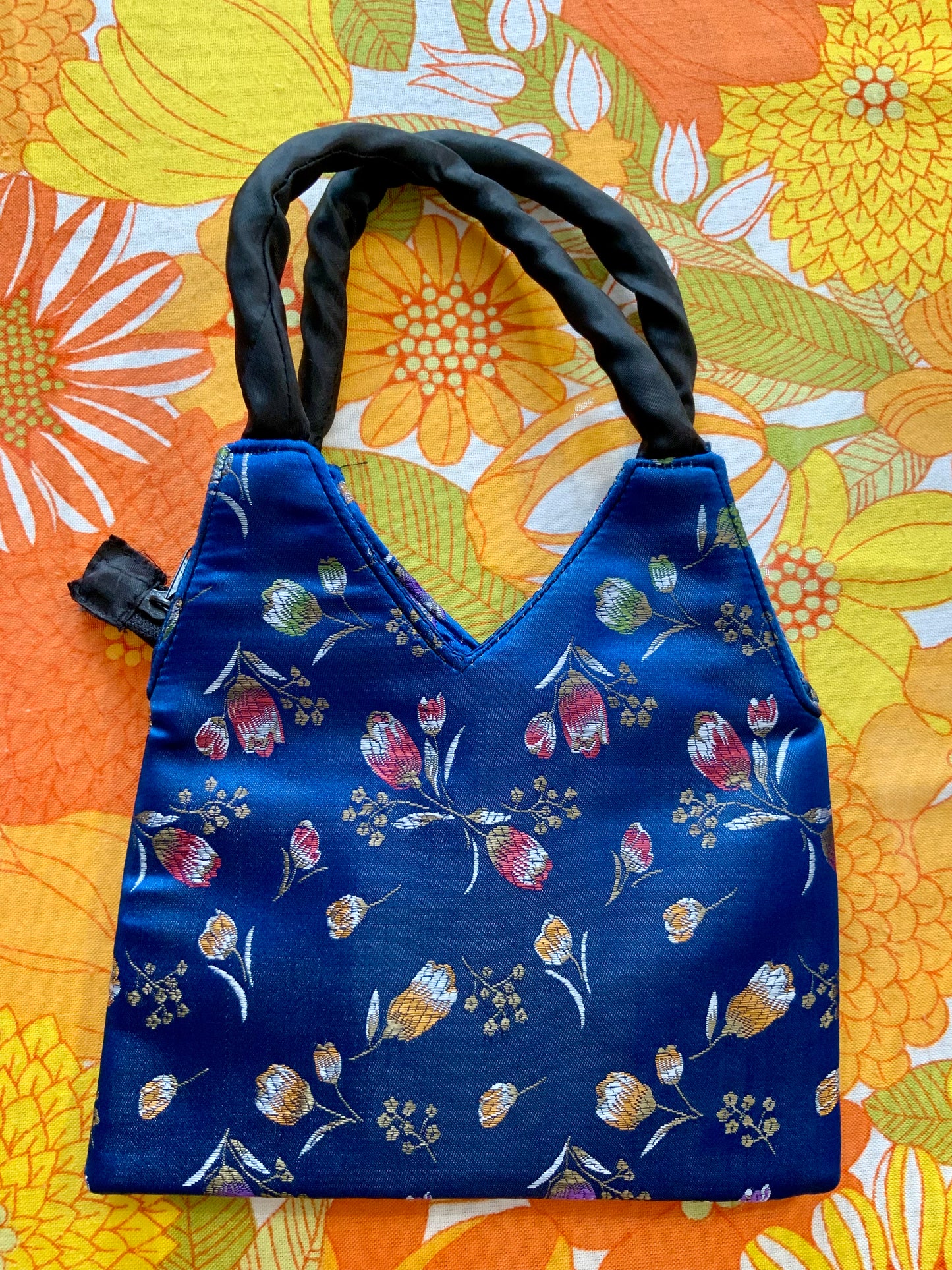 Petit sac chinois Bleu fleurs -