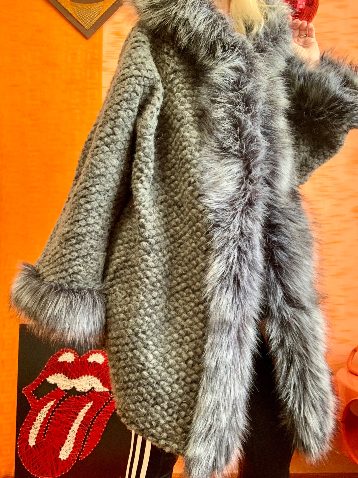 Superbe Manteau Laine et fausse fourrure Vintage Italy 1990