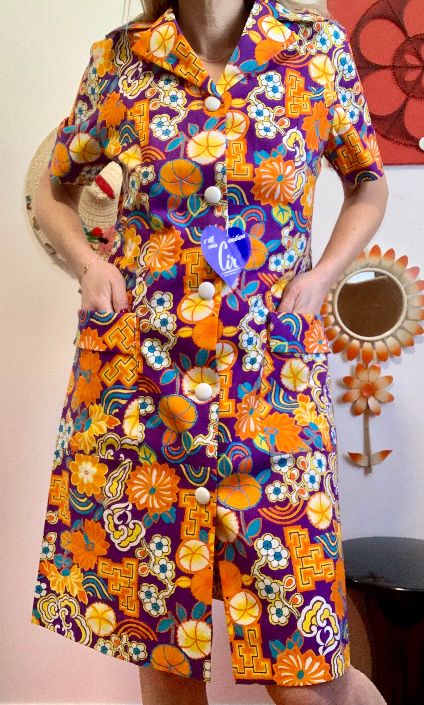 Robe Blouse Orange à fleurs Deadstock Neuve 1970 Originale France