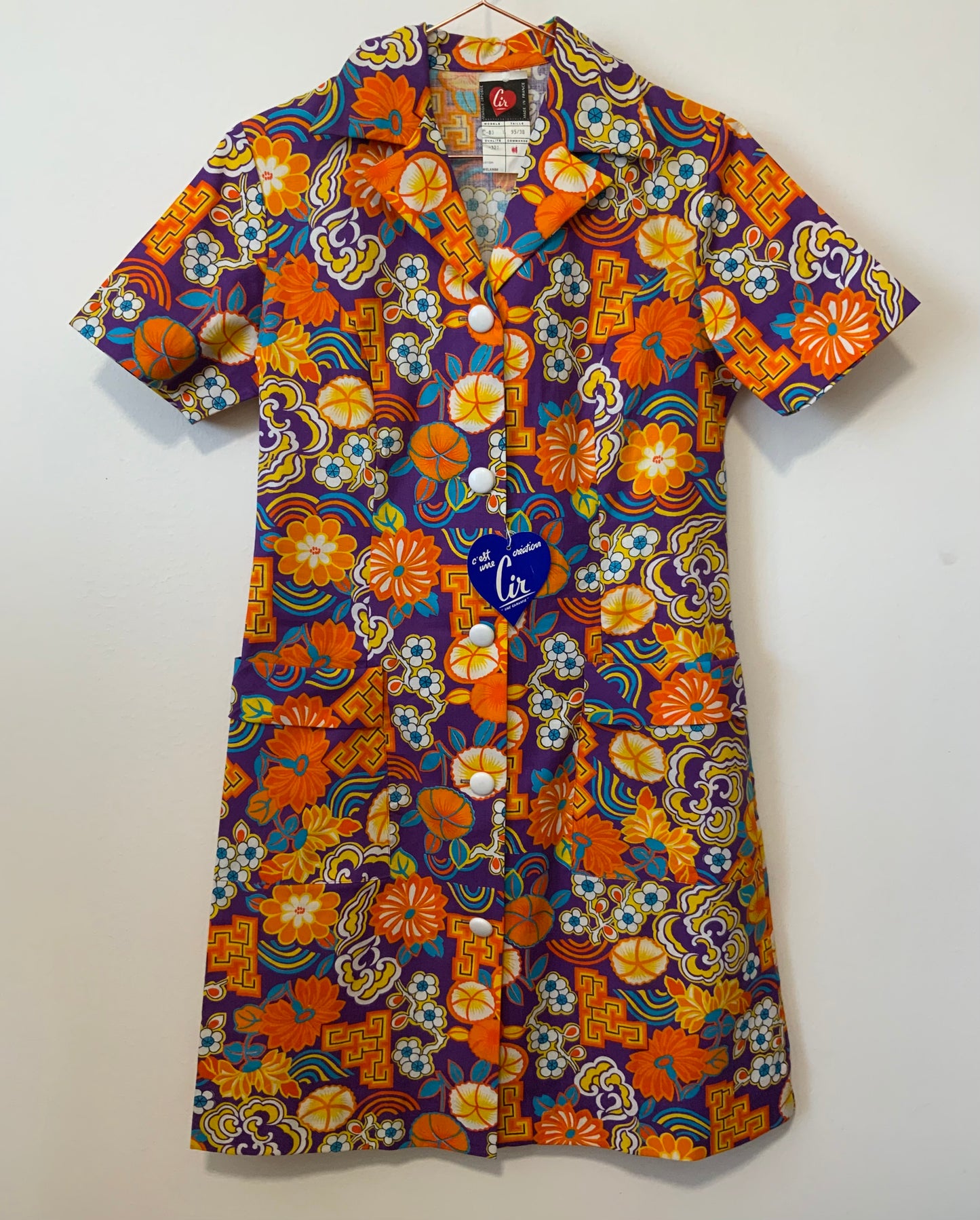 Robe Blouse Orange à fleurs Deadstock Neuve 1970 Originale France