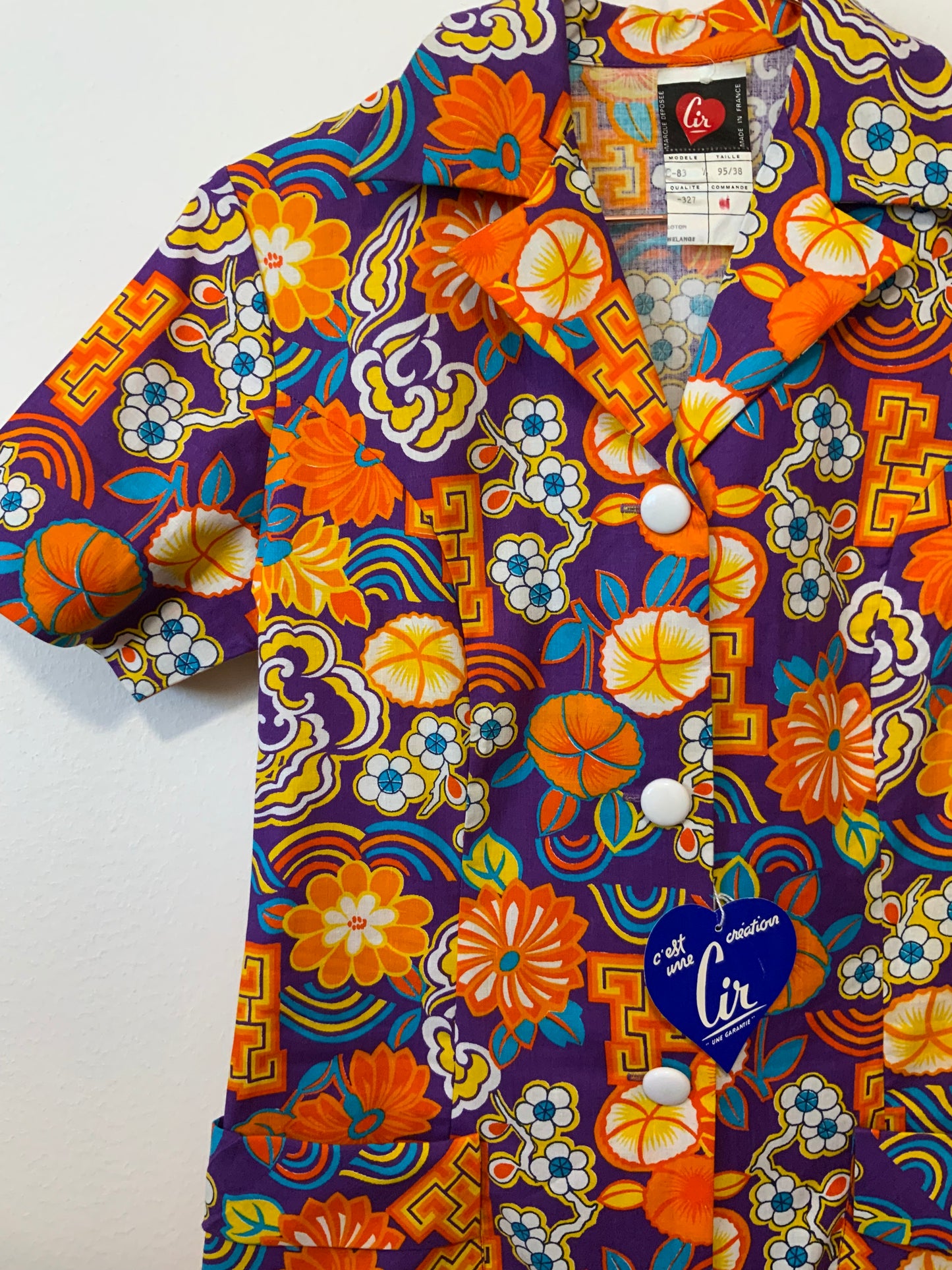 Robe Blouse Orange à fleurs Deadstock Neuve 1970 Originale France