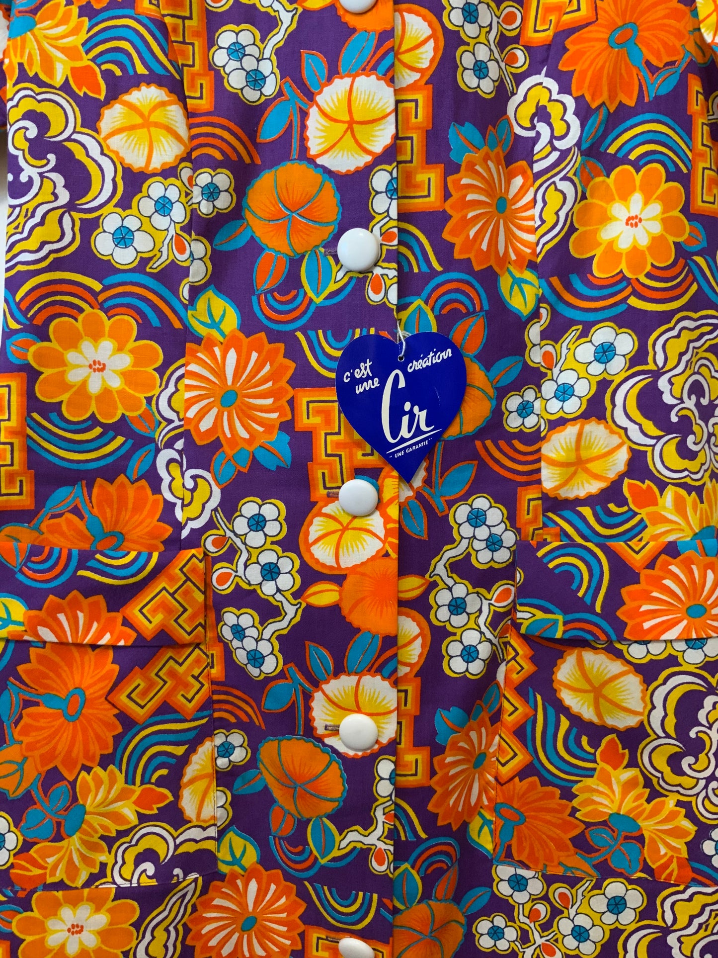 Robe Blouse Orange à fleurs Deadstock Neuve 1970 Originale France