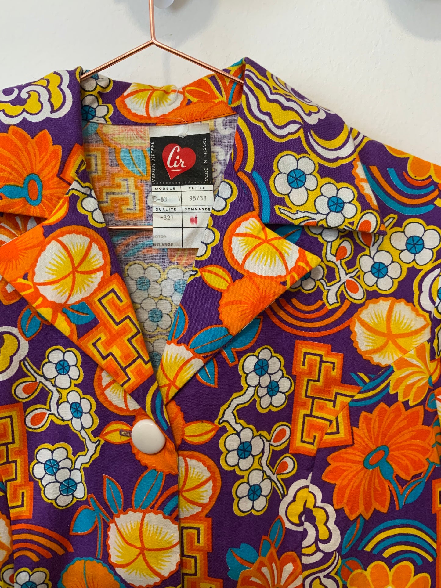 Robe Blouse Orange à fleurs Deadstock Neuve 1970 Originale France
