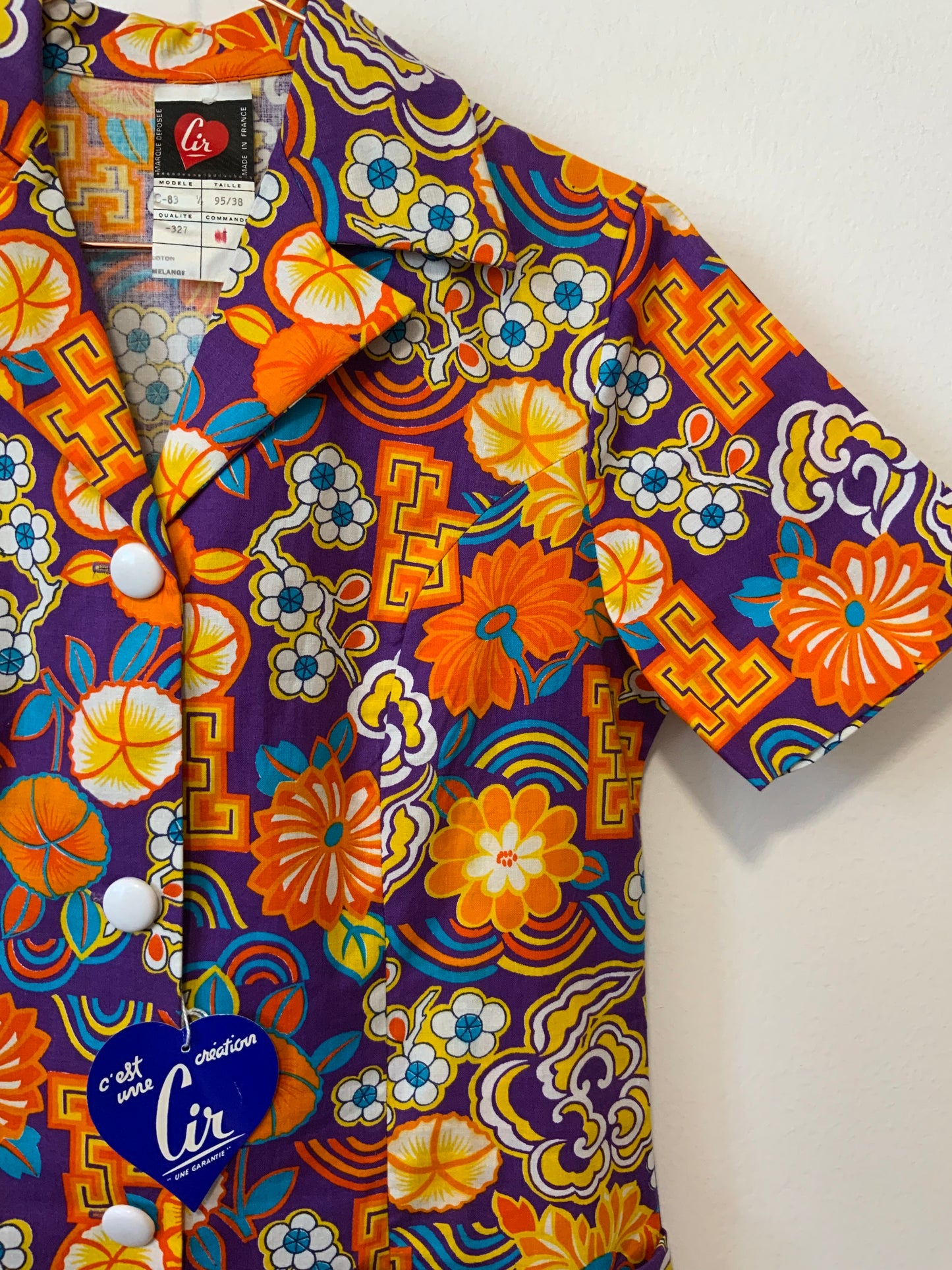 Robe Blouse Orange à fleurs Deadstock Neuve 1970 Originale France