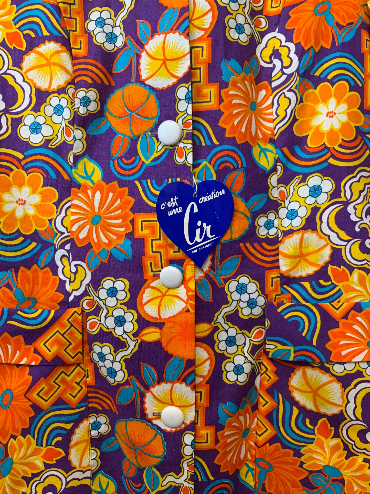 Robe Blouse Orange à fleurs Deadstock Neuve 1970 Originale France
