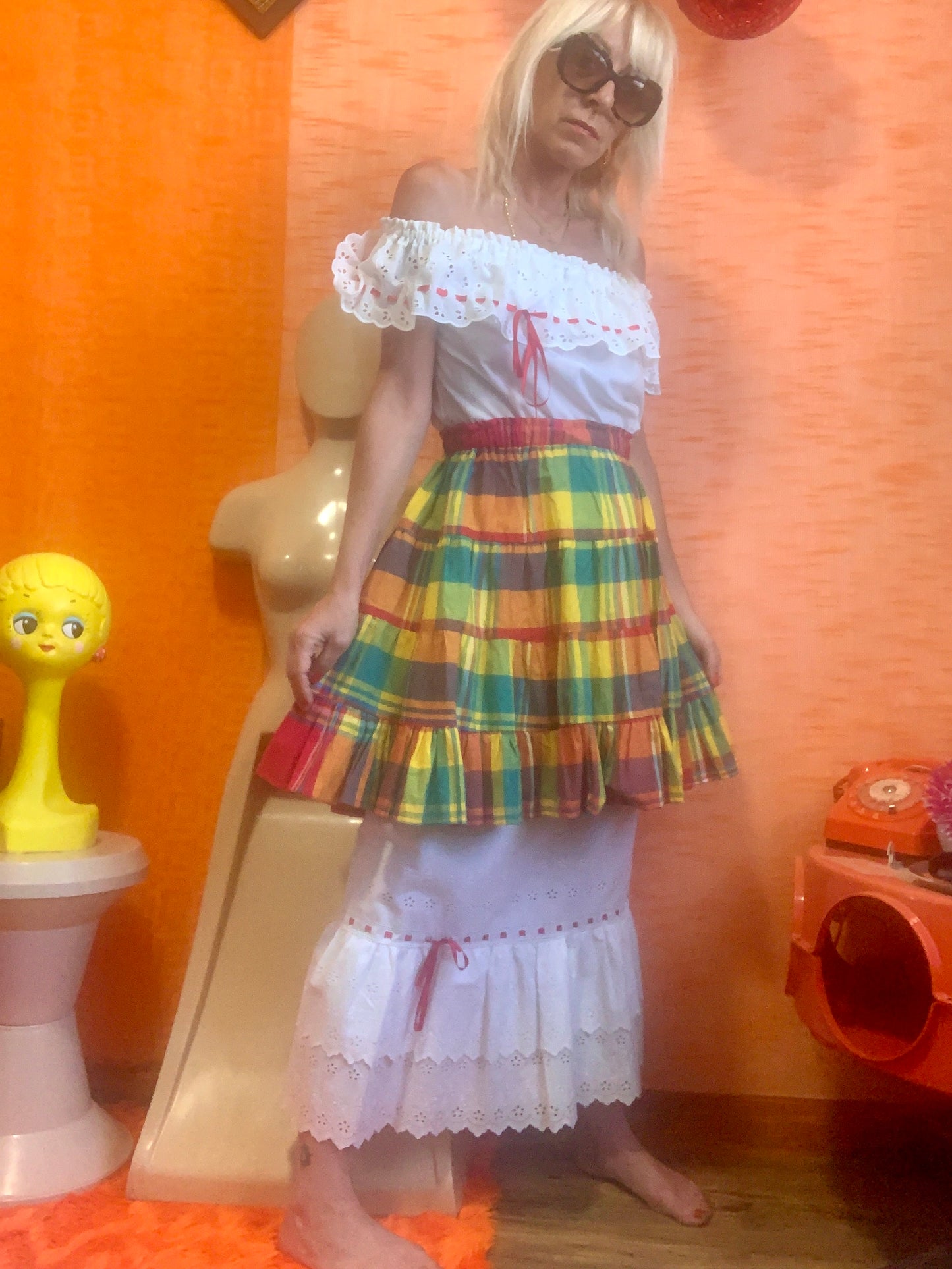 Ensemble traditionnel à carreaux Madras Dentelle et jupon - Neuf