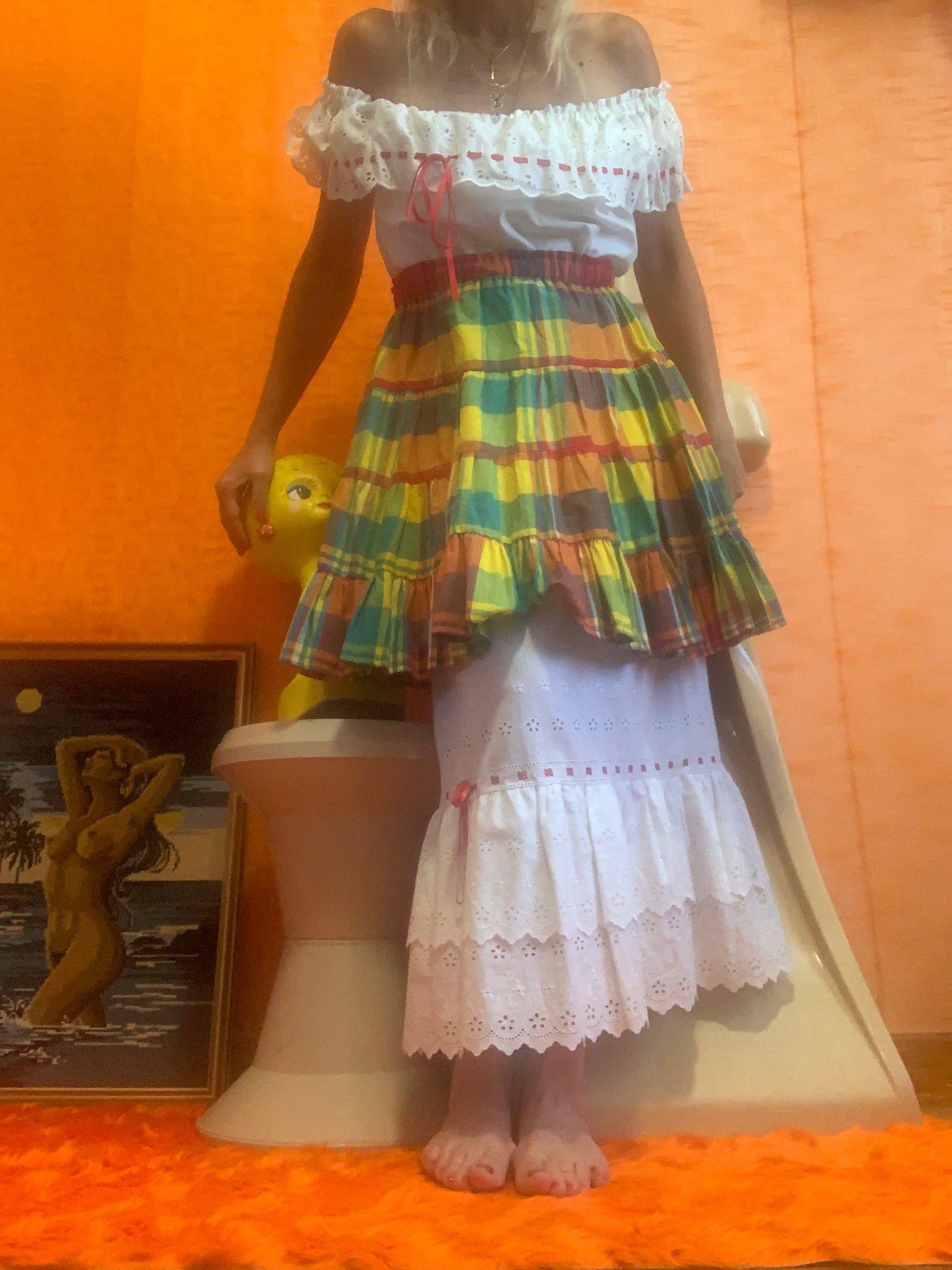 Ensemble traditionnel à carreaux Madras Dentelle et jupon - Neuf