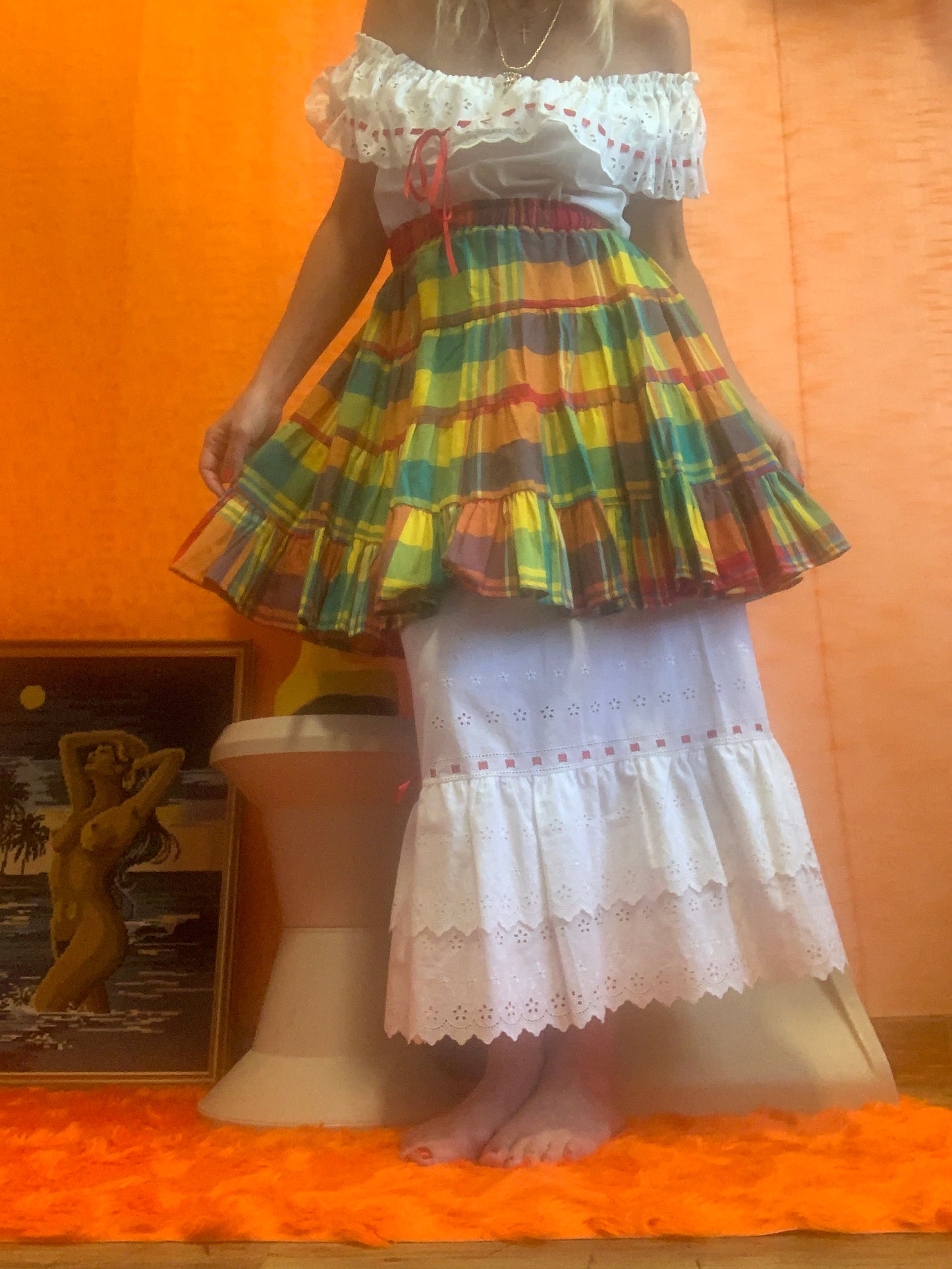 Ensemble traditionnel à carreaux Madras Dentelle et jupon - Neuf
