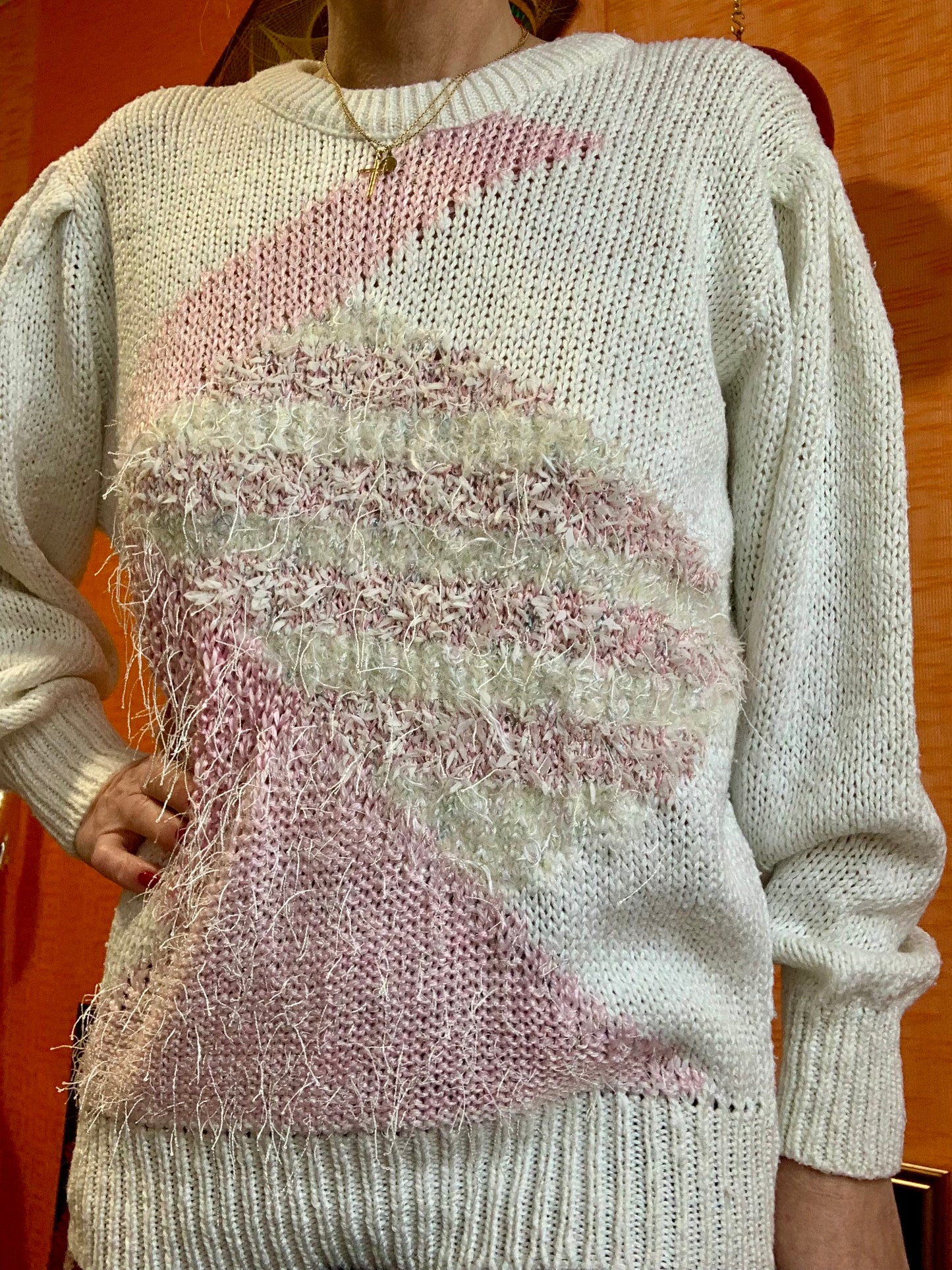 Pull à Motifs Géométriques Vintage 1980 Fleurs Printemps Rose Paris