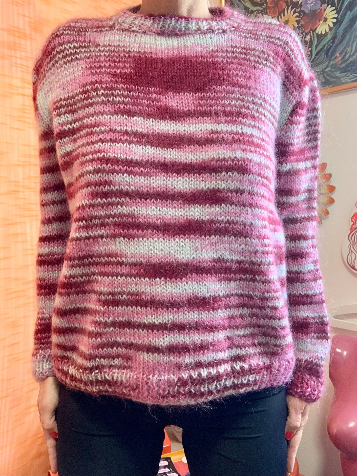Superbe Pull rose laine mohair tricotée Vintage 70/80 Fait main