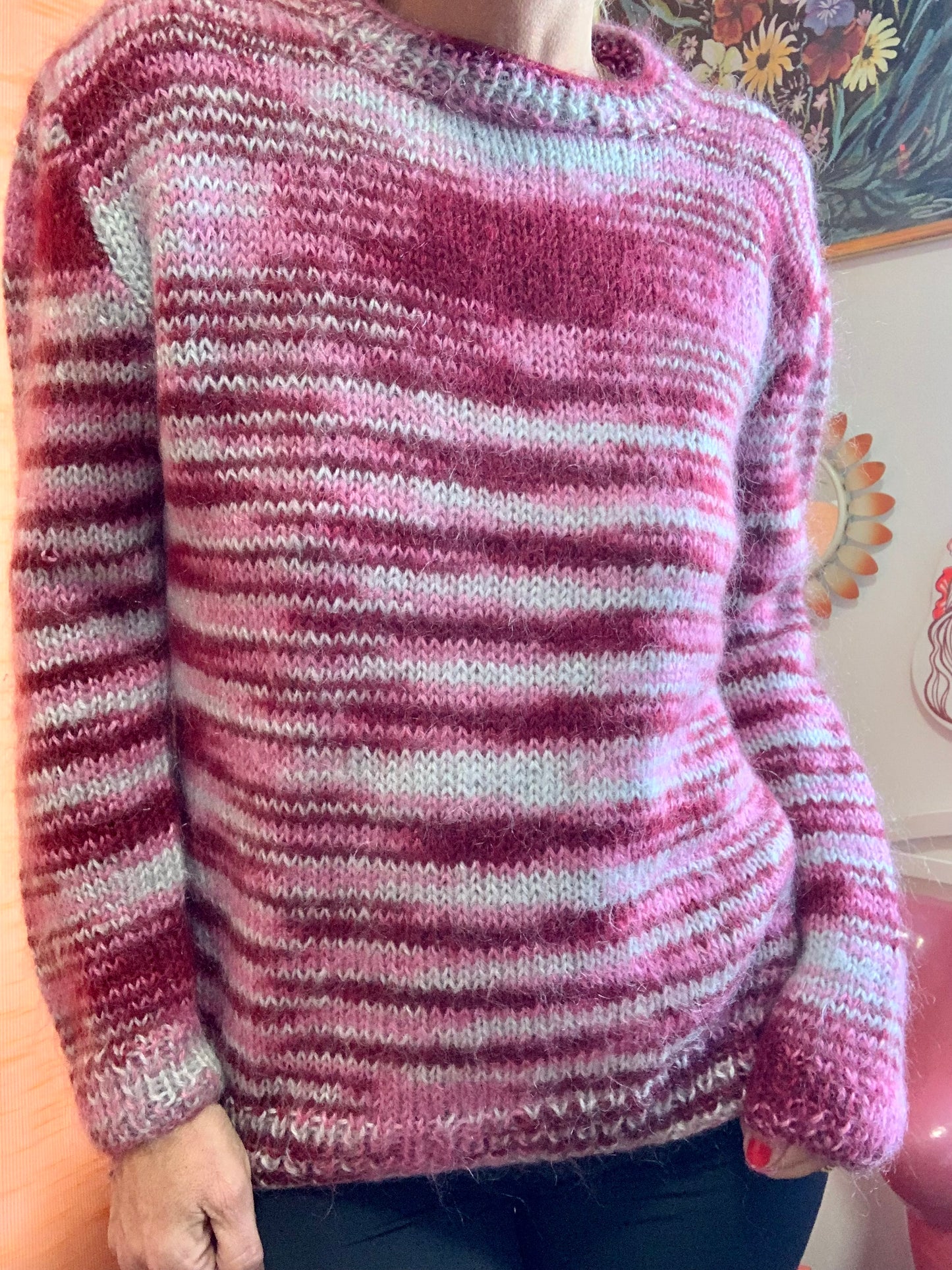 Superbe Pull rose laine mohair tricotée Vintage 70/80 Fait main