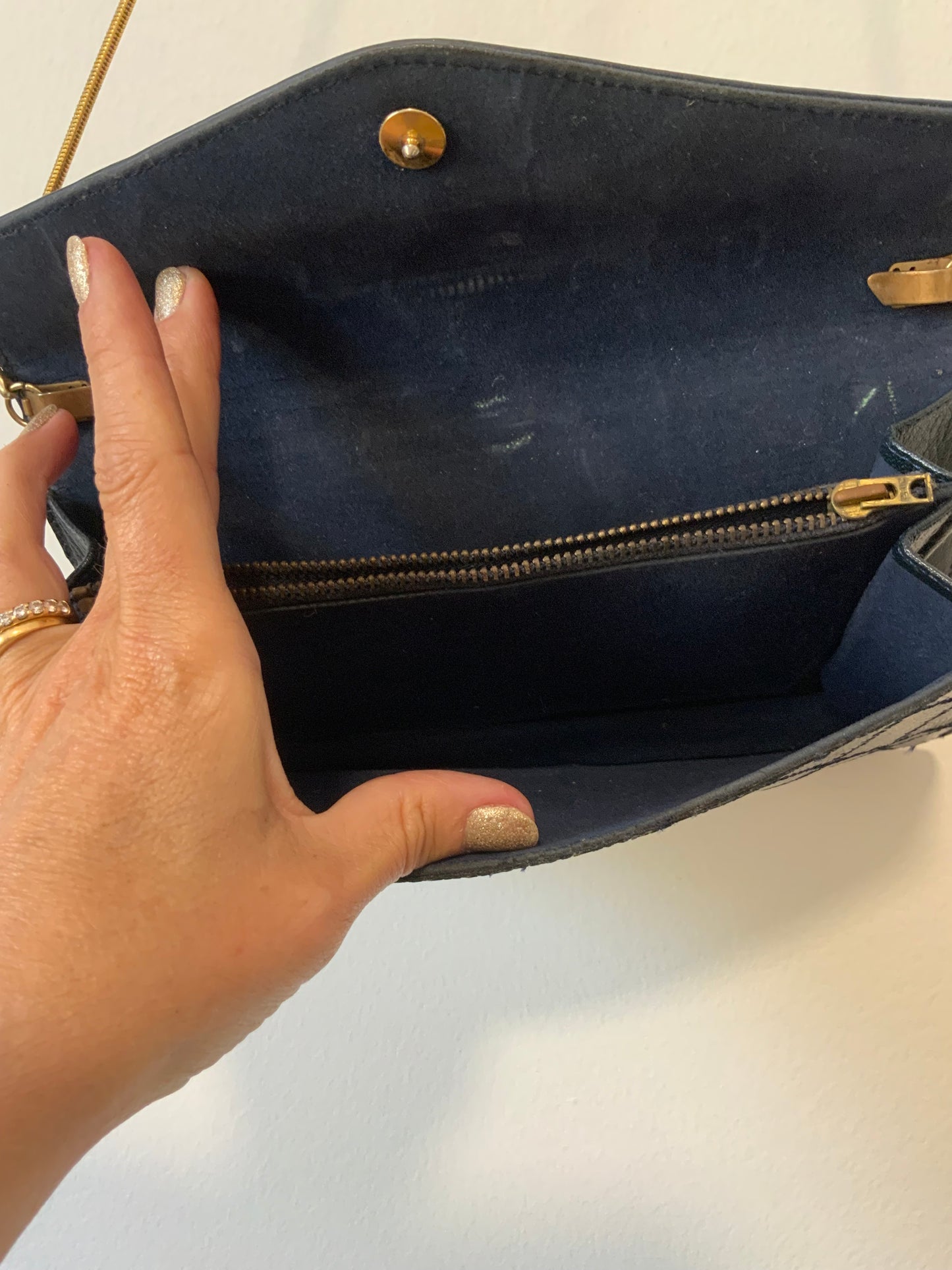 Sac à main ancien patchwork cuir grains Croco Lanière chaine Vintage 1970