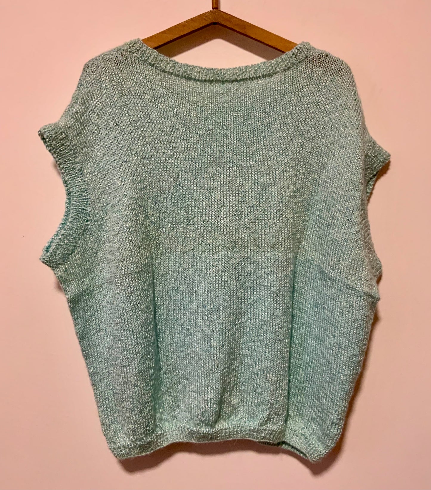 Pull Tricot Fait main Vintage Turquoise 1980