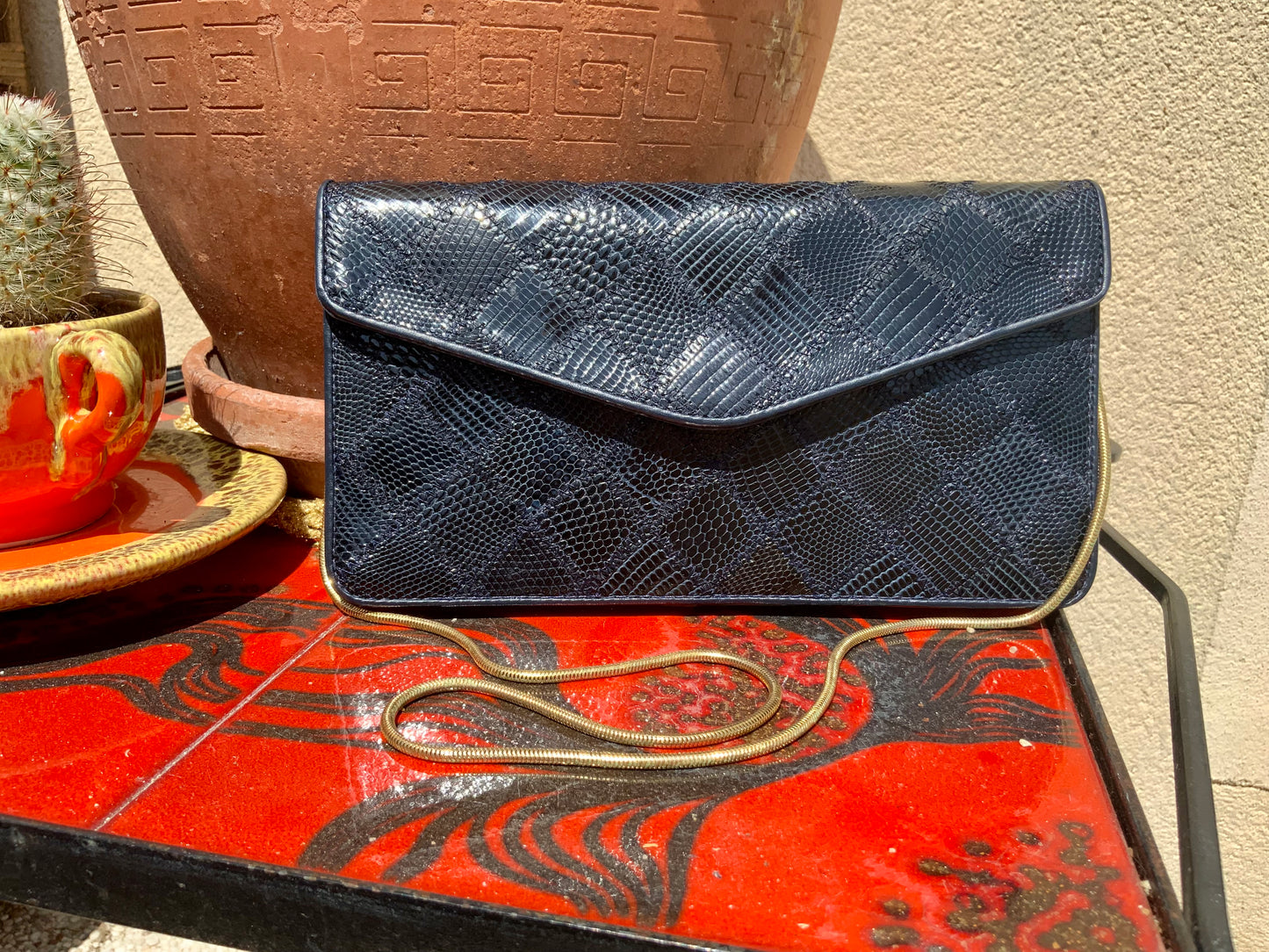 Sac à main ancien patchwork cuir grains Croco Lanière chaine Vintage 1970