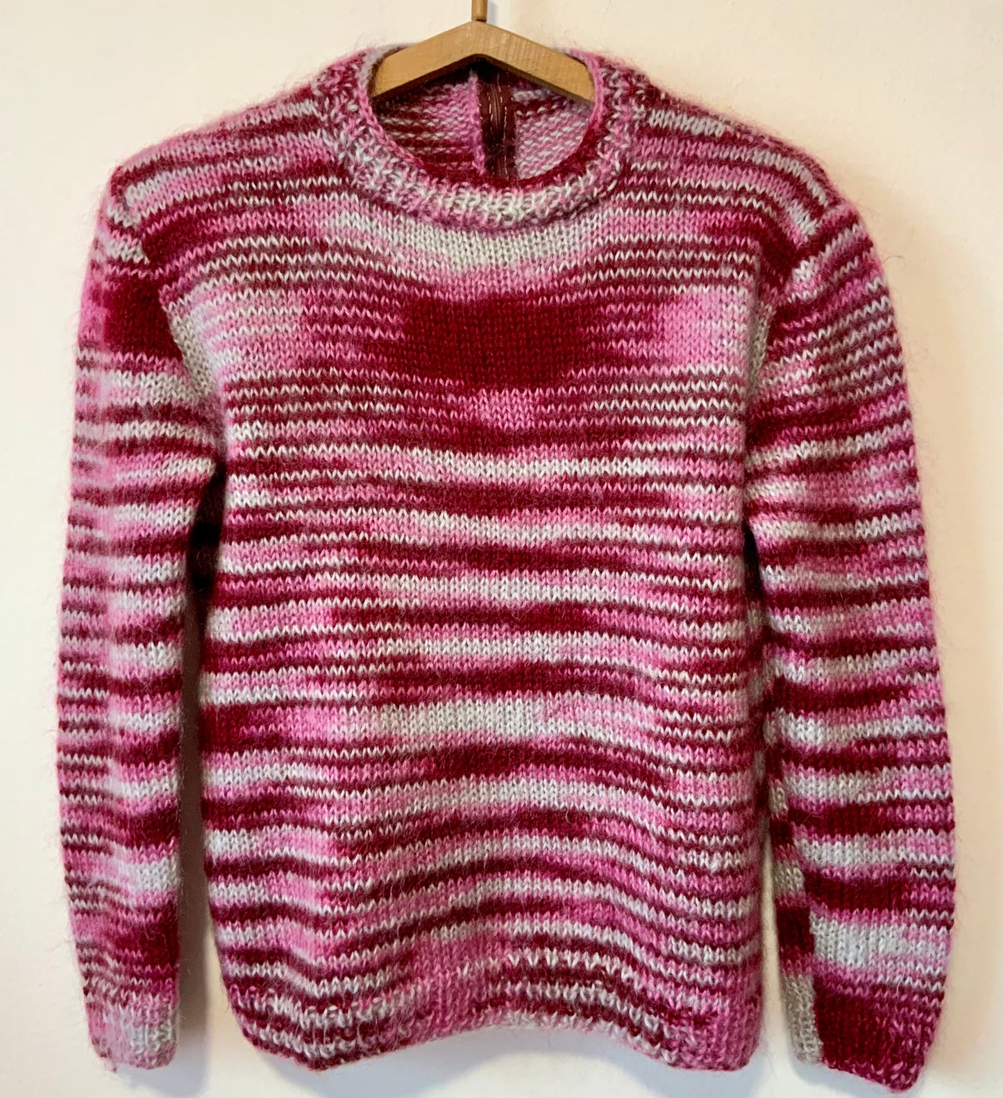 Superbe Pull rose laine mohair tricotée Vintage 70/80 Fait main
