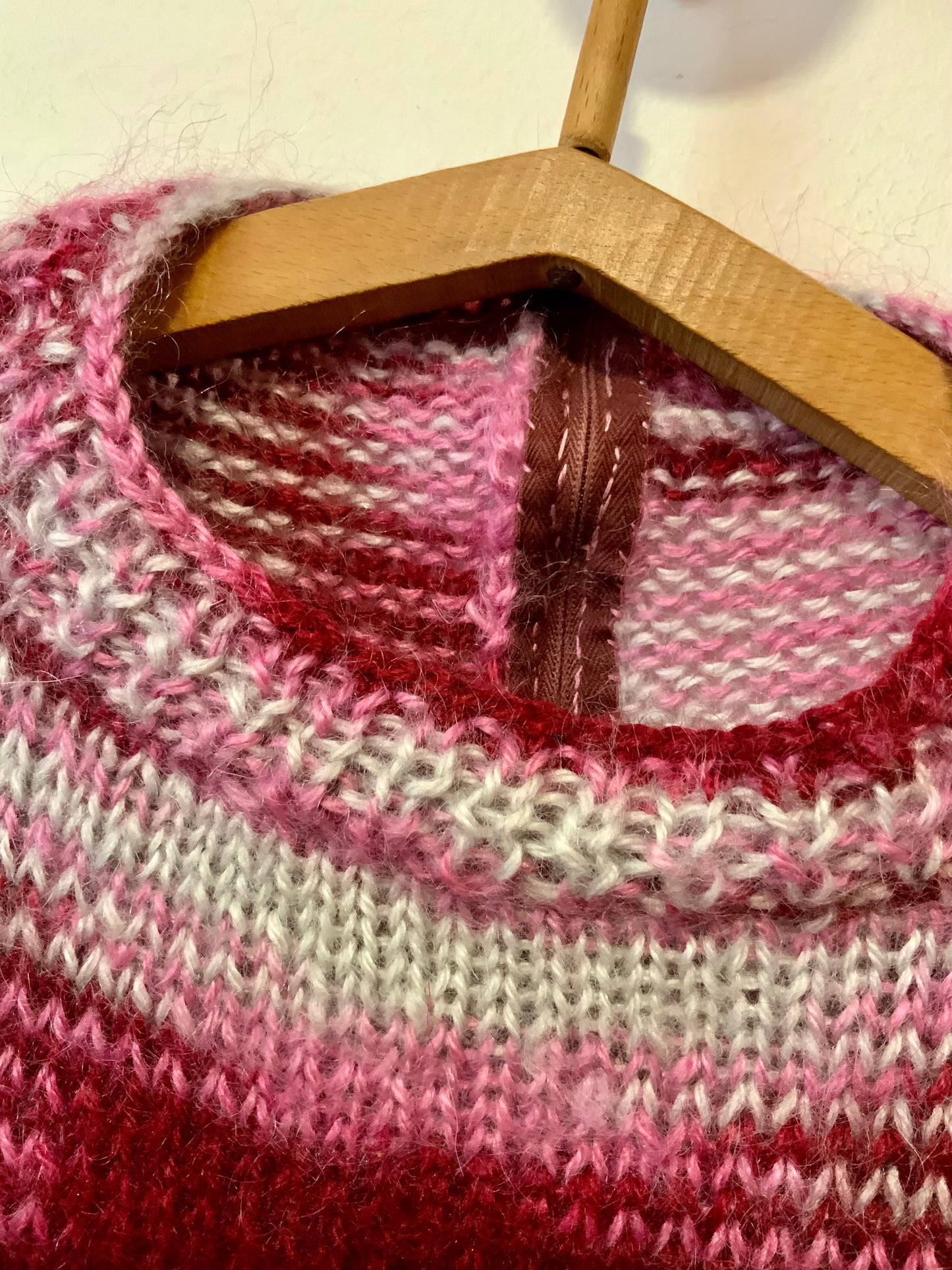 Superbe Pull rose laine mohair tricotée Vintage 70/80 Fait main