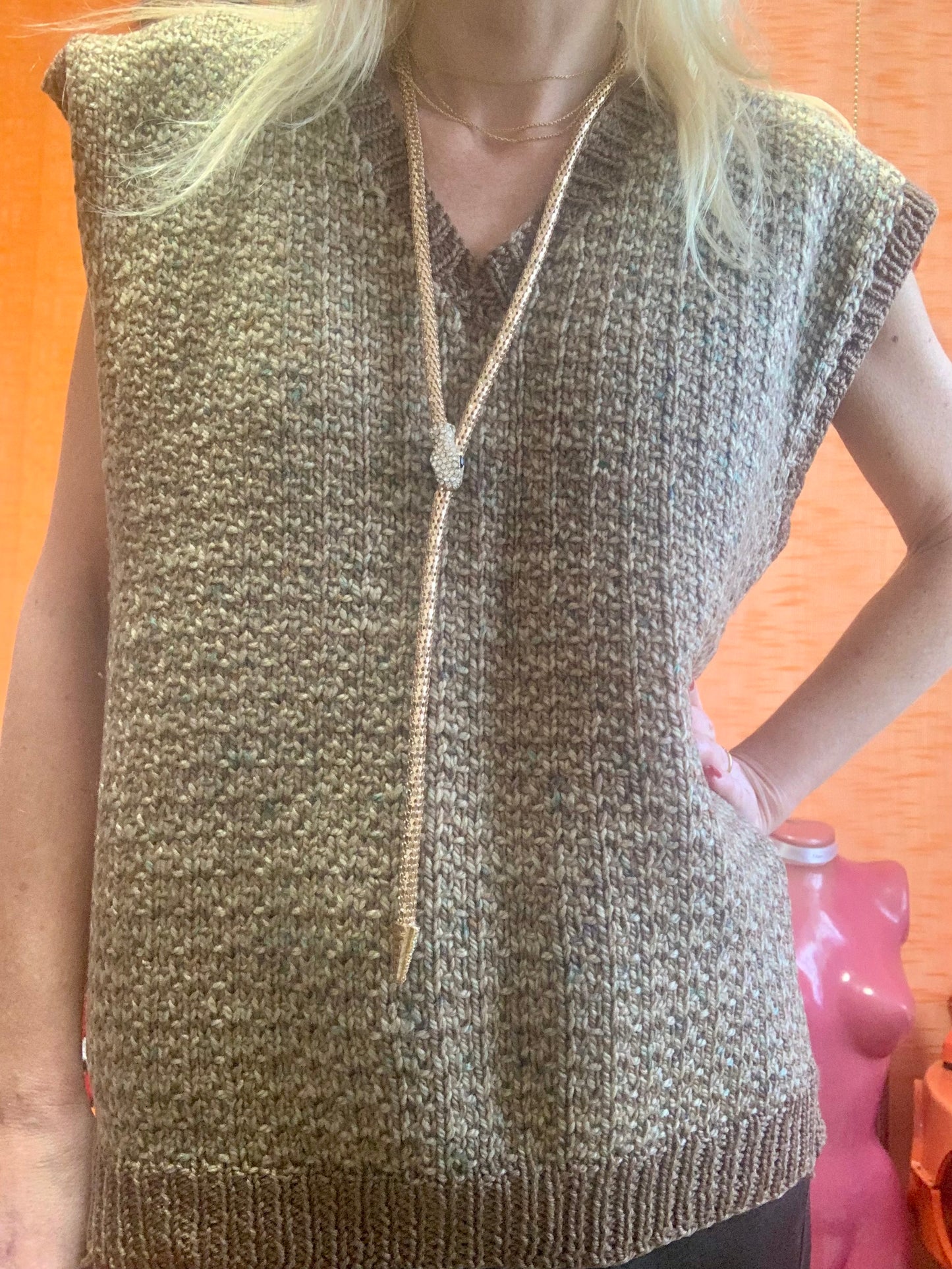 Tricot fait main Pull laine sans manche Vintage 1980 Carreaux