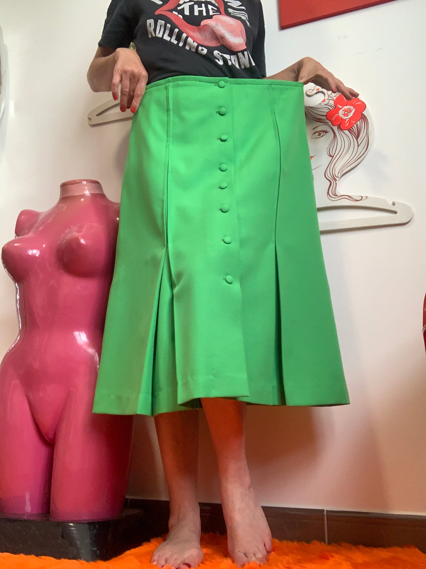 Jupe création Vert 1980 Vintage Plis Faite main