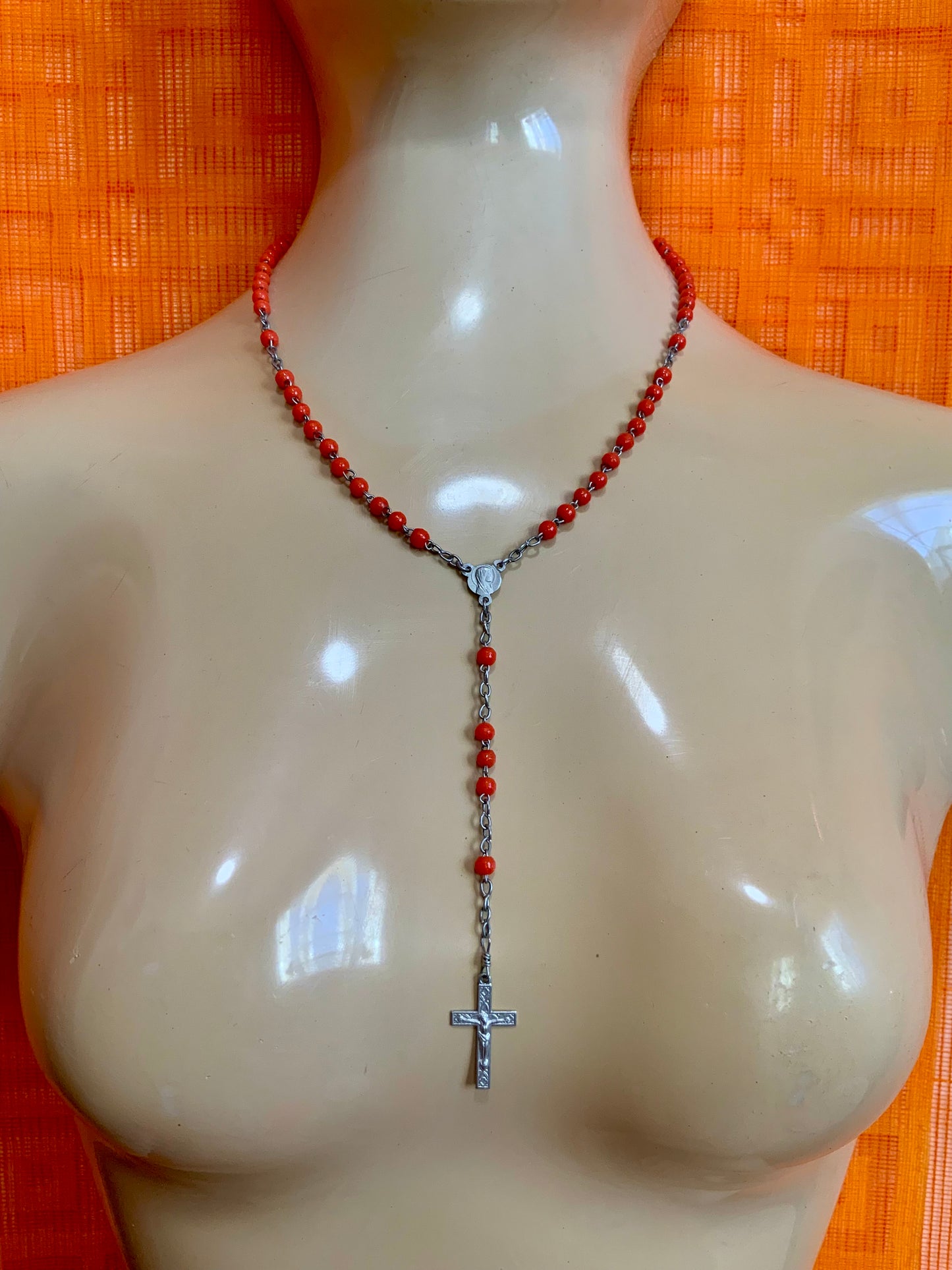 Collier Chapelet boules oranges Vintage Ancien